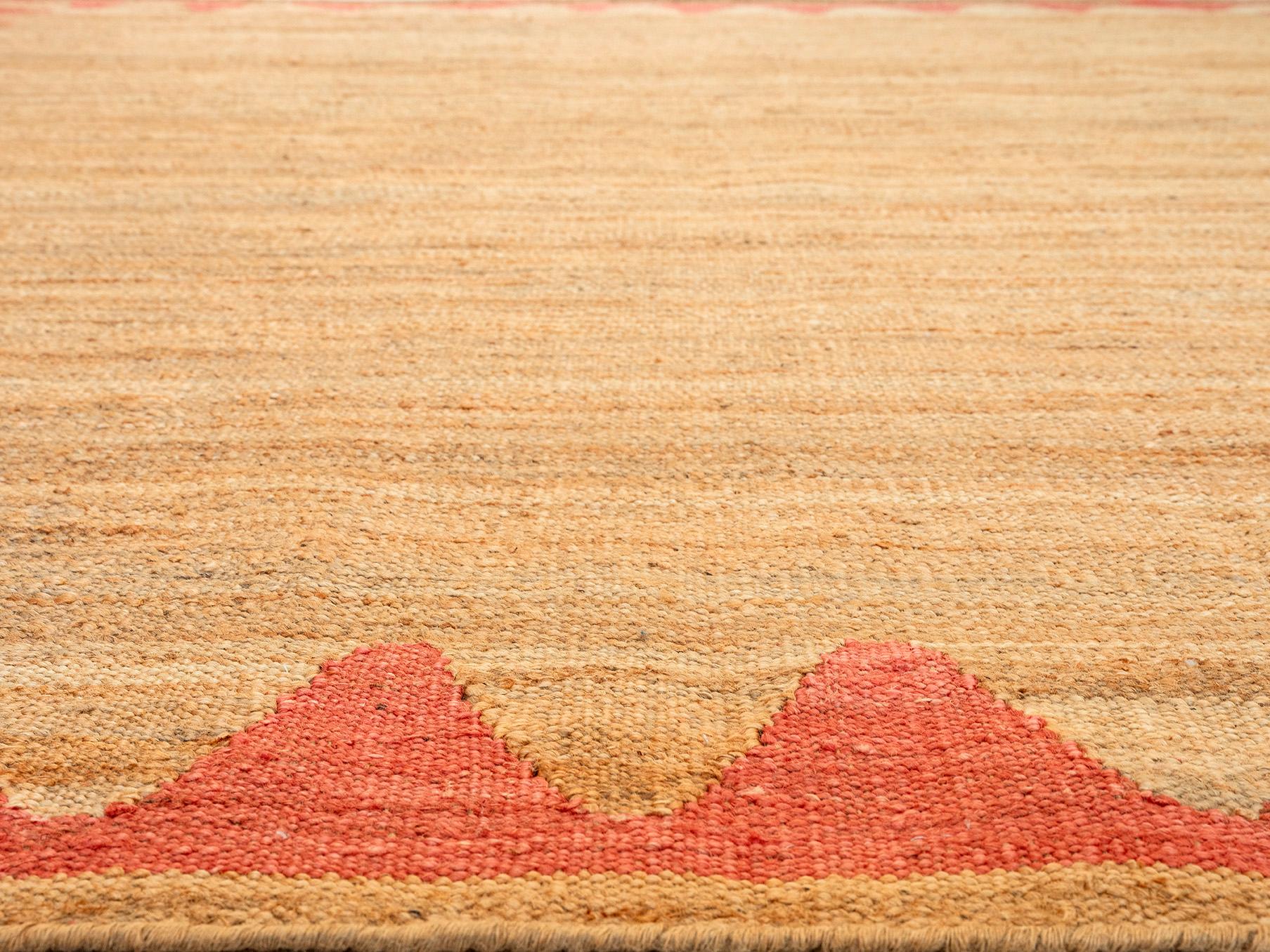 Contemporary Modern Handwoven Jute Carpet Rug Kilim in Natural & Coral For Sale