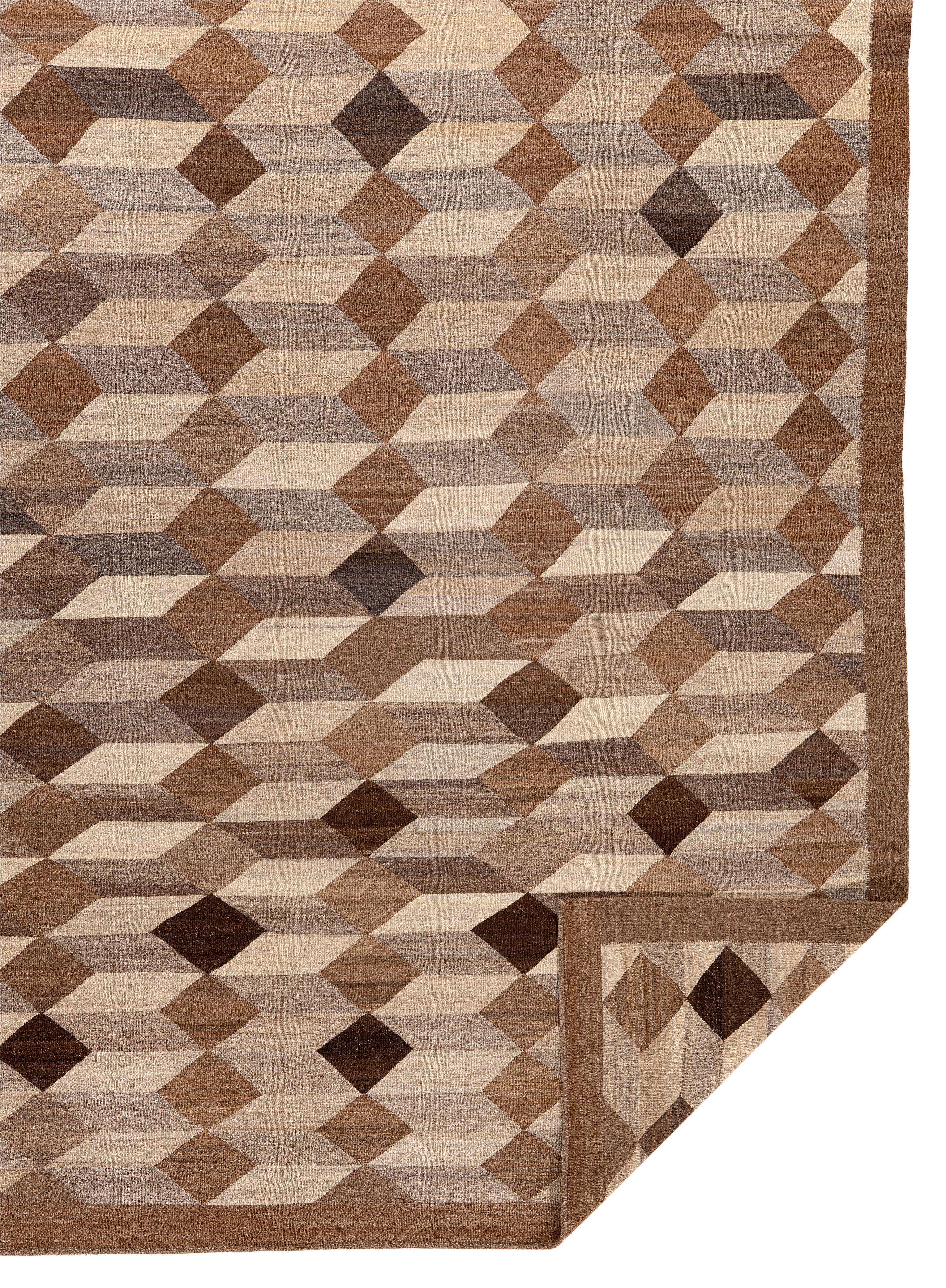 Moderner handgewebter Kelim aus dem Iran - natürliche Wolle, geometrisches Minimal-Design im Angebot 3