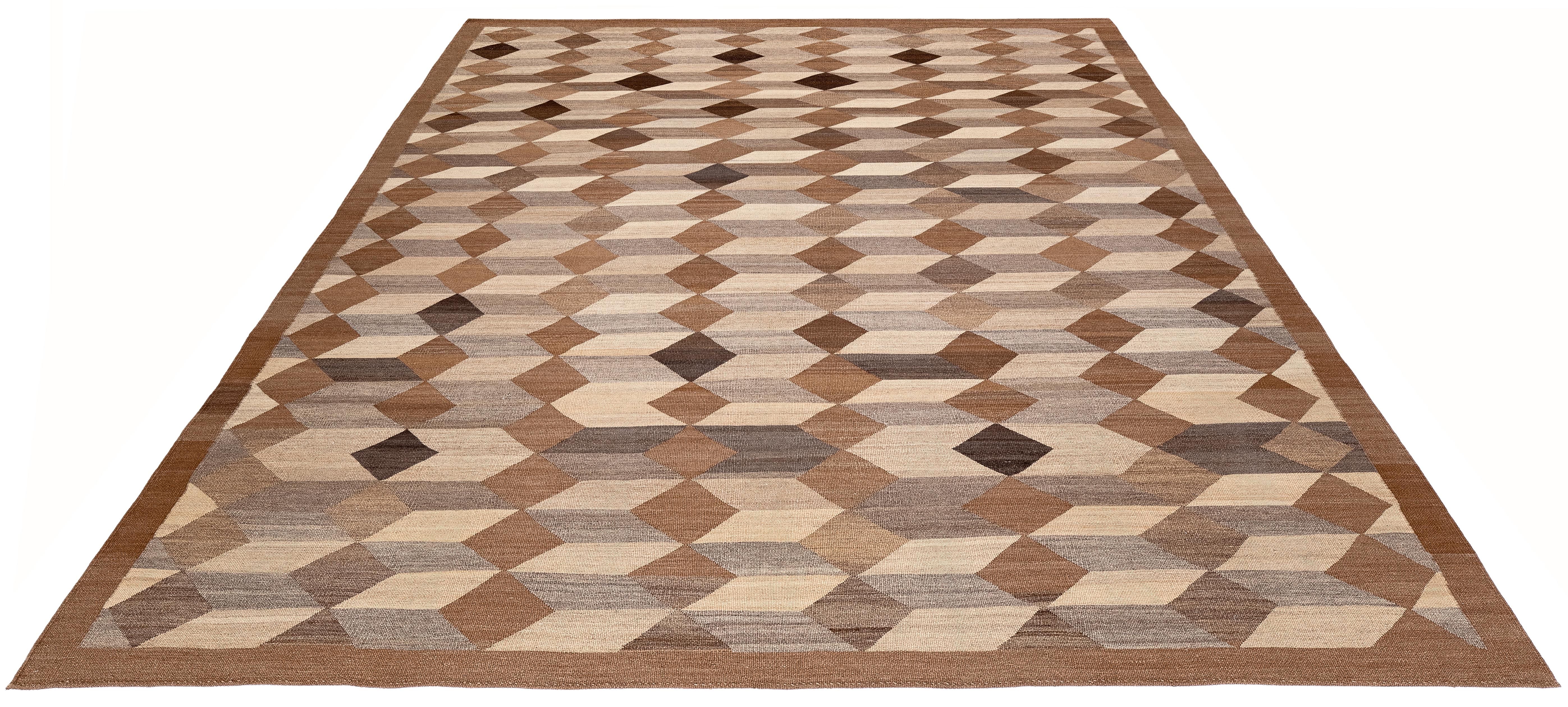 Moderner handgewebter Kelim aus dem Iran - natürliche Wolle, geometrisches Minimal-Design im Zustand „Neu“ im Angebot in New York, NY