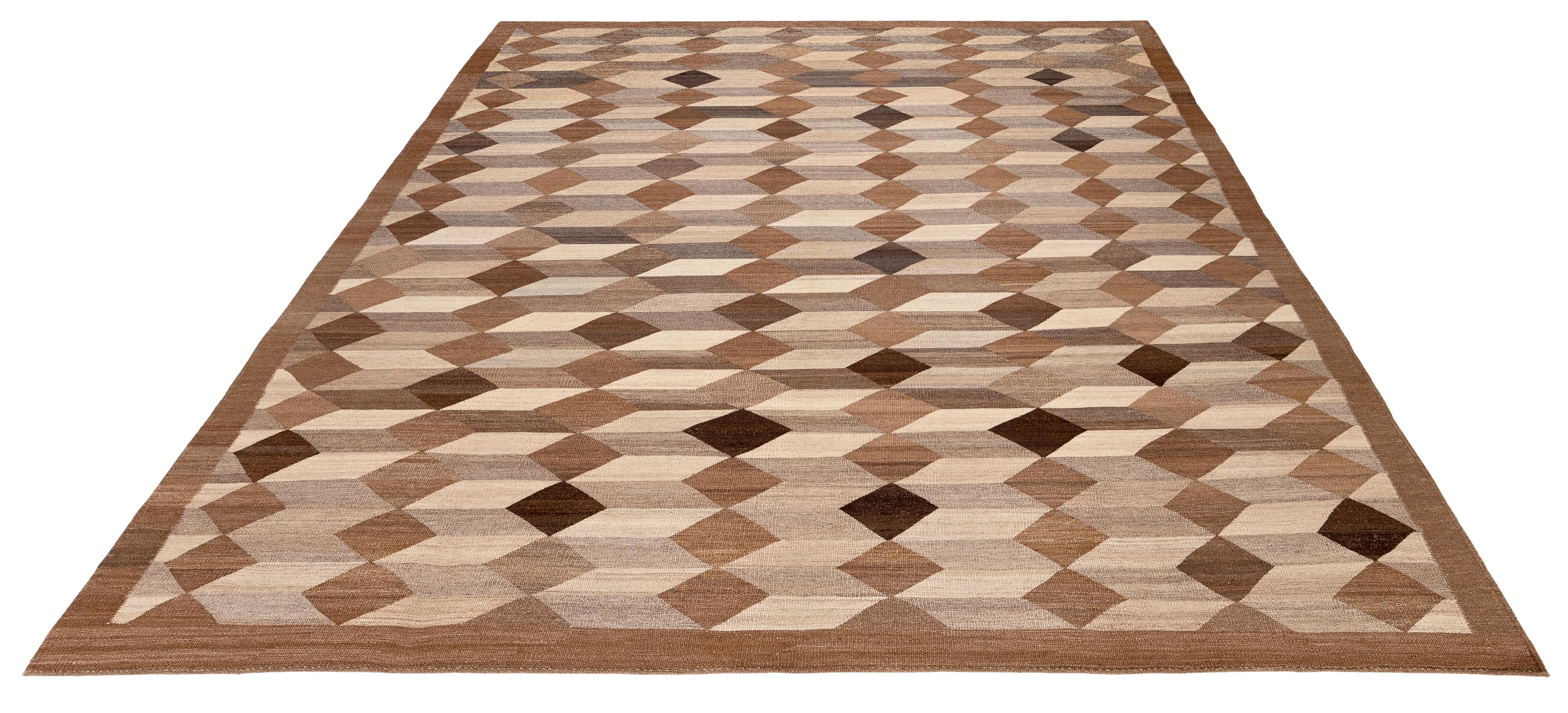 Moderner handgewebter Kelim aus dem Iran - natürliche Wolle, geometrisches Minimal-Design (21. Jahrhundert und zeitgenössisch) im Angebot