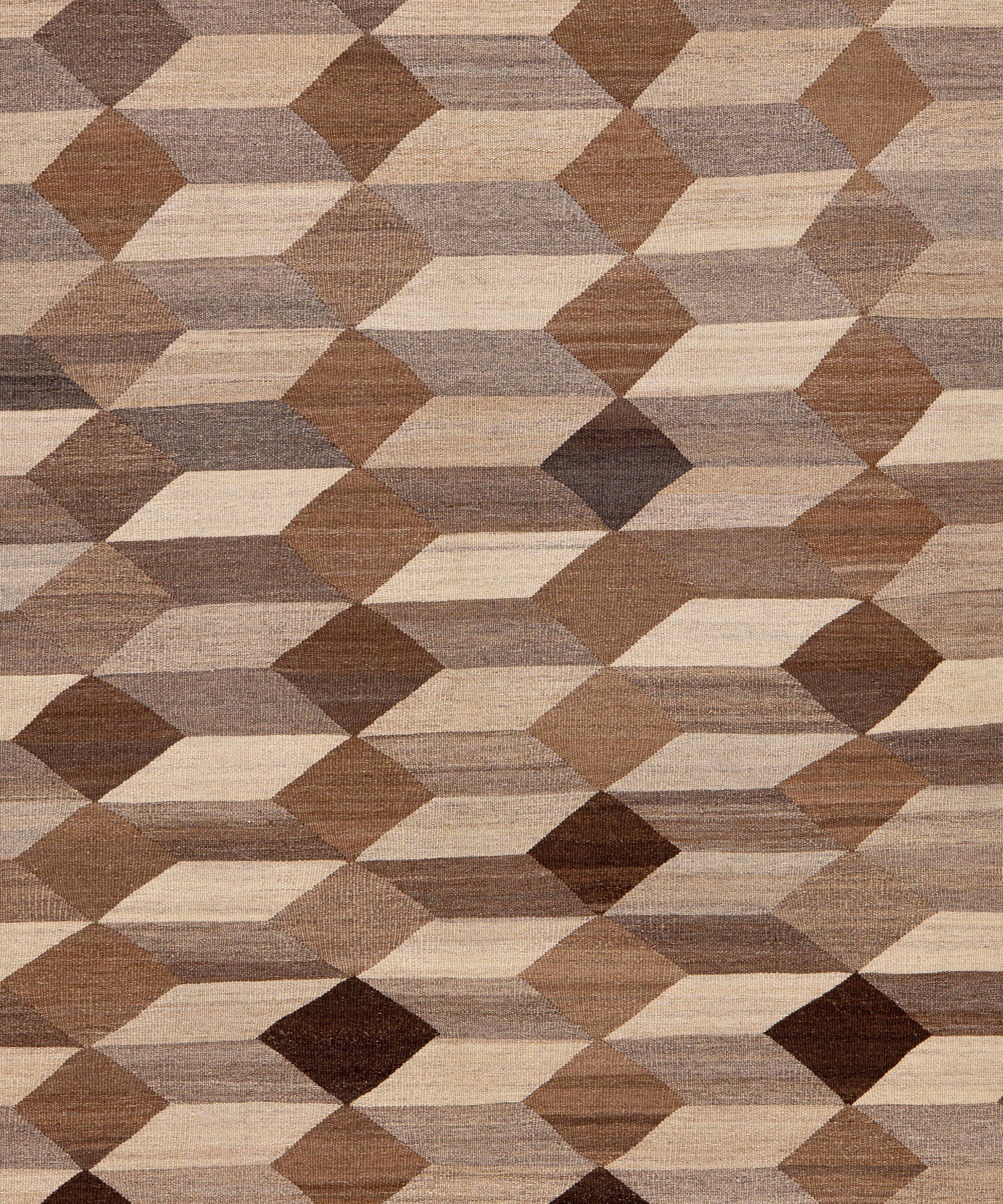 Moderner handgewebter Kelim aus dem Iran - natürliche Wolle, geometrisches Minimal-Design im Angebot 1