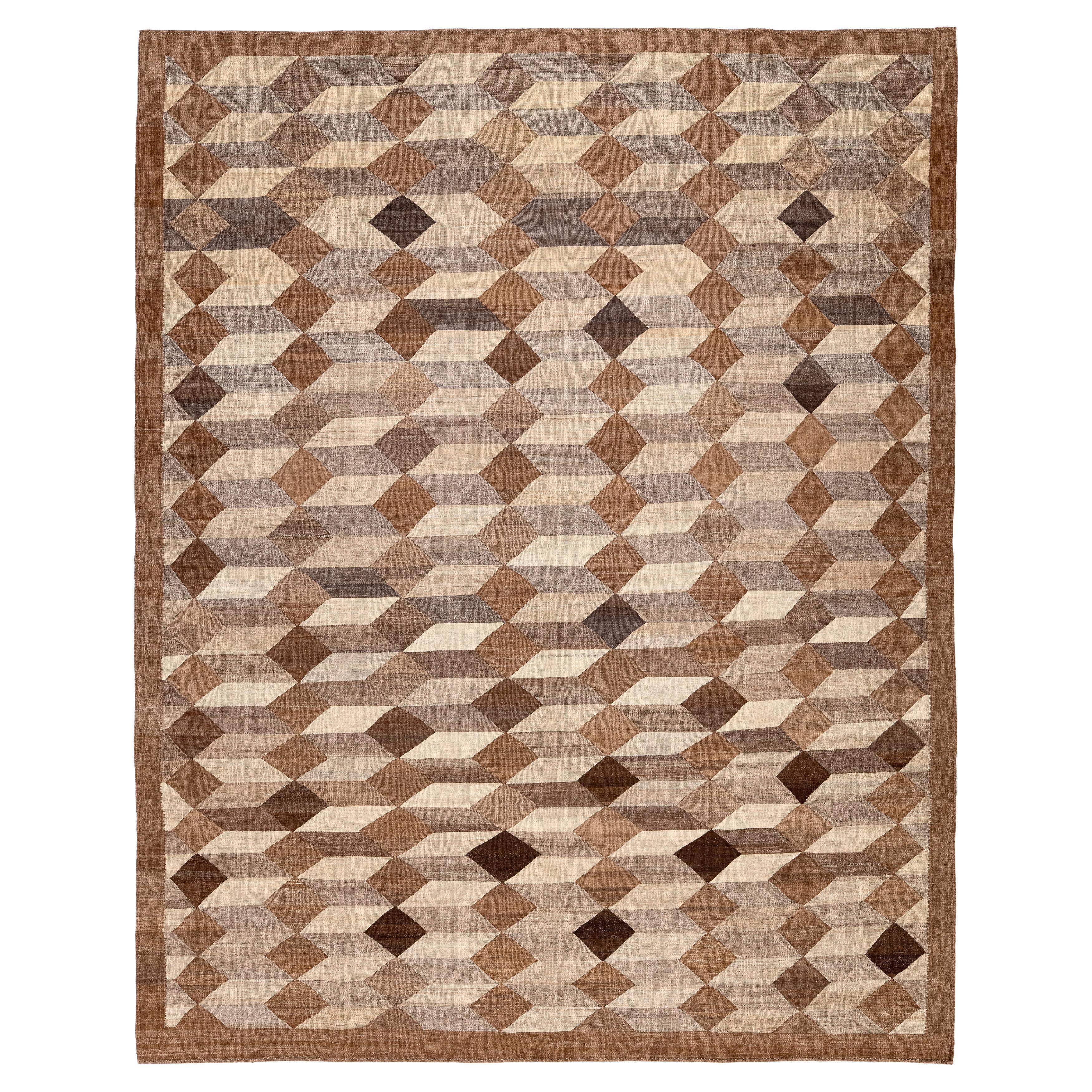 Moderner handgewebter Kelim aus dem Iran - natürliche Wolle, geometrisches Minimal-Design