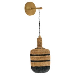 Contemporary Ethnic Handwoven Straw / Brass Wall Sconce Lamp Natural Black