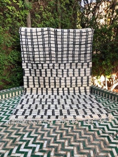 Modern Handwoven Moroccan Black and White Wool Grid Rug