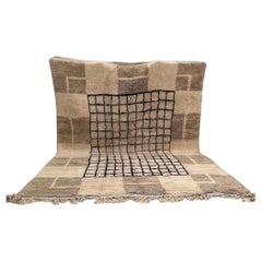 Modern Handwoven Moroccan Wool Grid Rug in Black, White and Grey