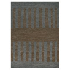 Tappeto Kilim moderno in lana intrecciata a mano a strisce blu e marrone