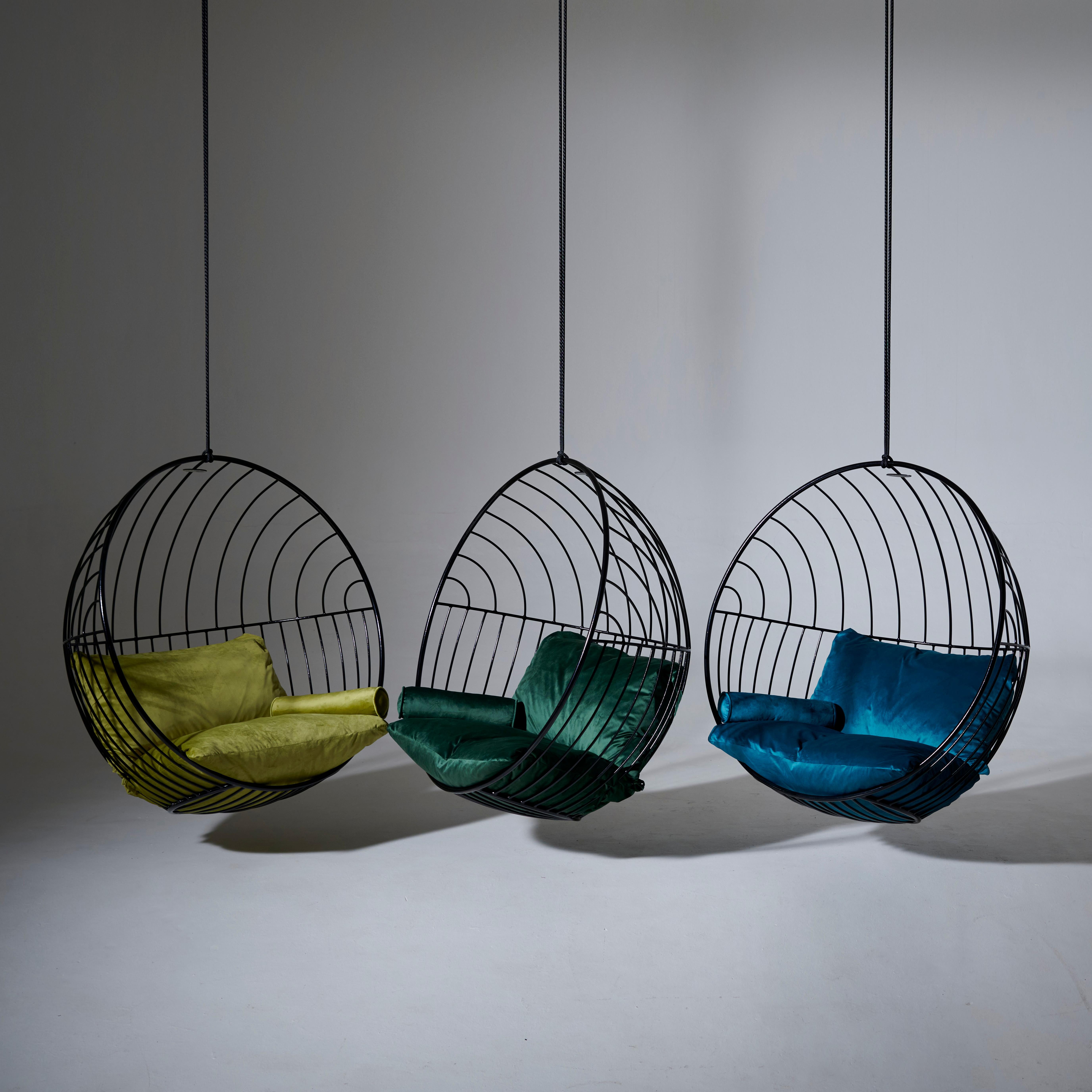 Hand-Crafted Modern Hanging Bubble Chair with Velvet Cushions For Sale