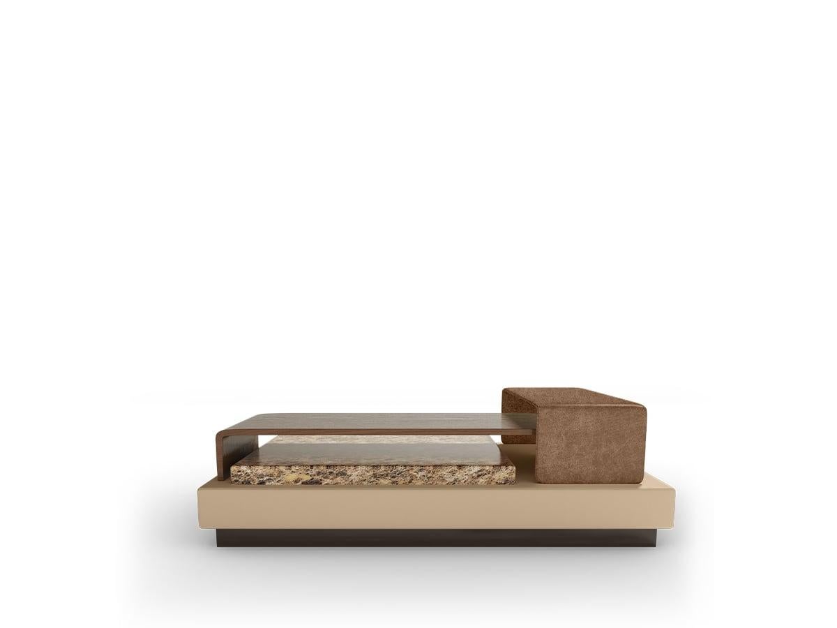 This Modern Harar beech wood center table by Caffe Latte, named after the Harar fields in Ethiopia, has a very clean and defined line. Made of beech wood with matte walnut stain varnish and emperador dark marble, has a sophisticated design but a