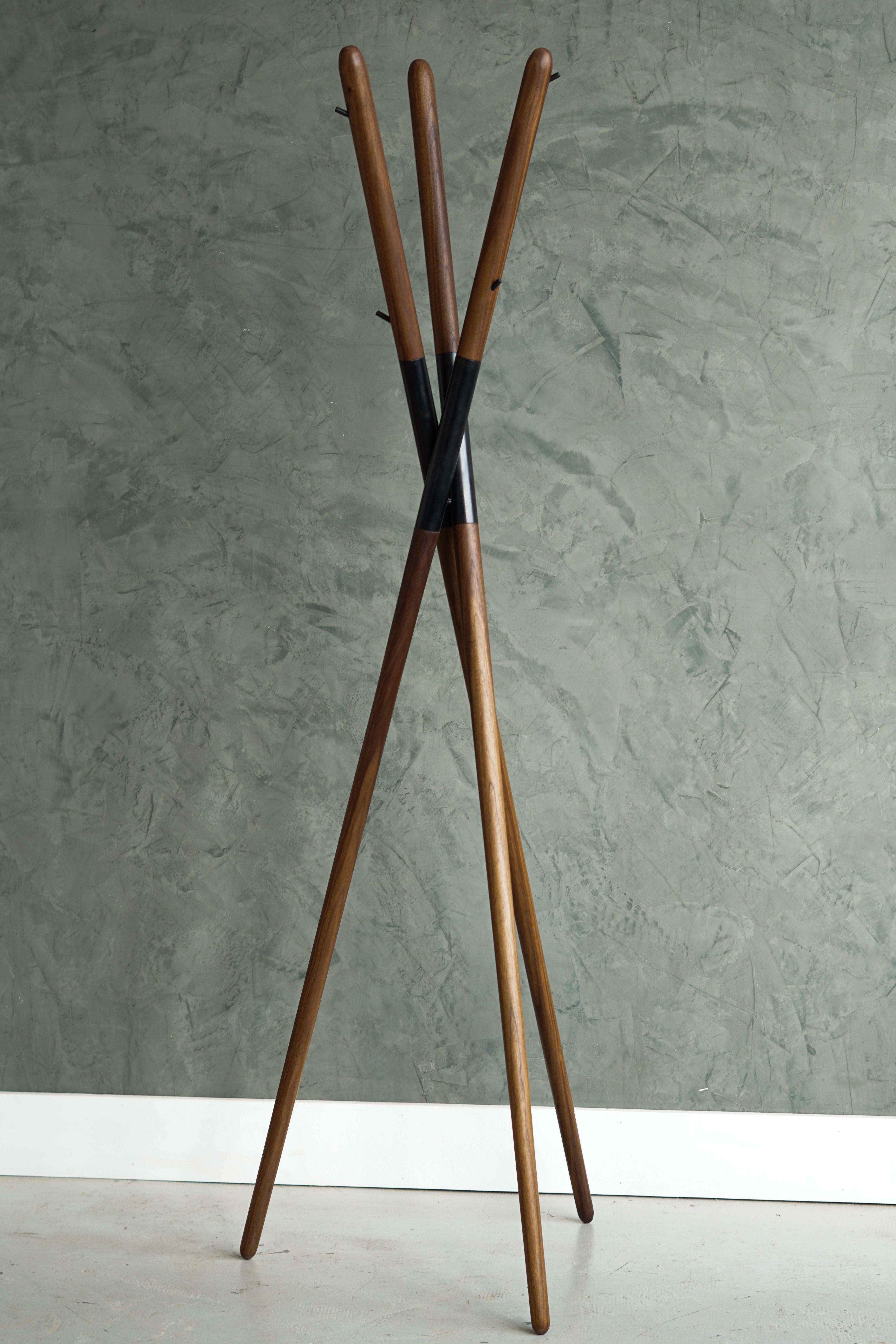 Modern Hashi Coat Rack in Walnut and Blackened Steel In New Condition For Sale In Saugerties, NY