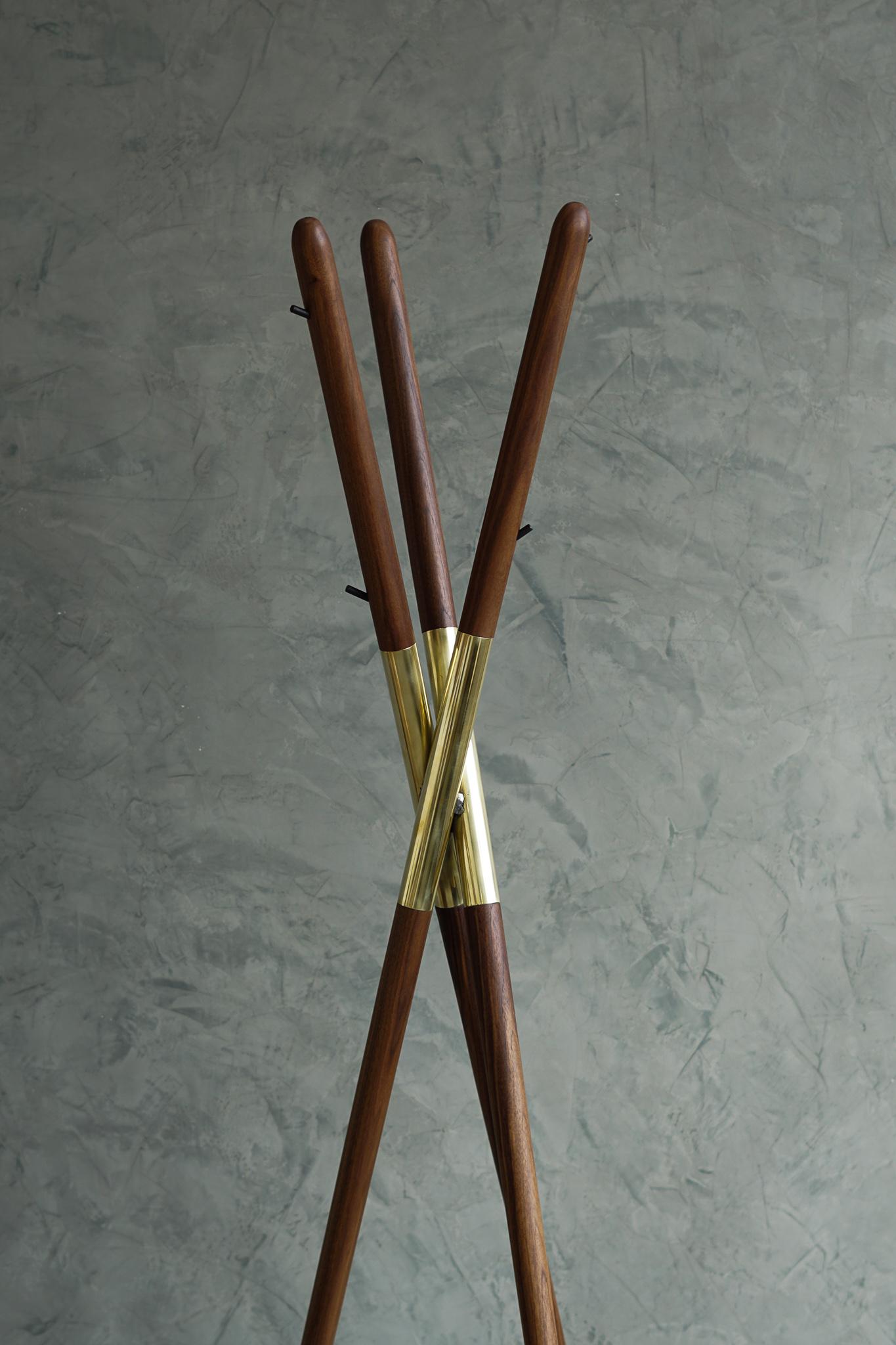 American Modern Hashi Coat Rack in Walnut and  Polished Brass by Ordinal Indicator  For Sale