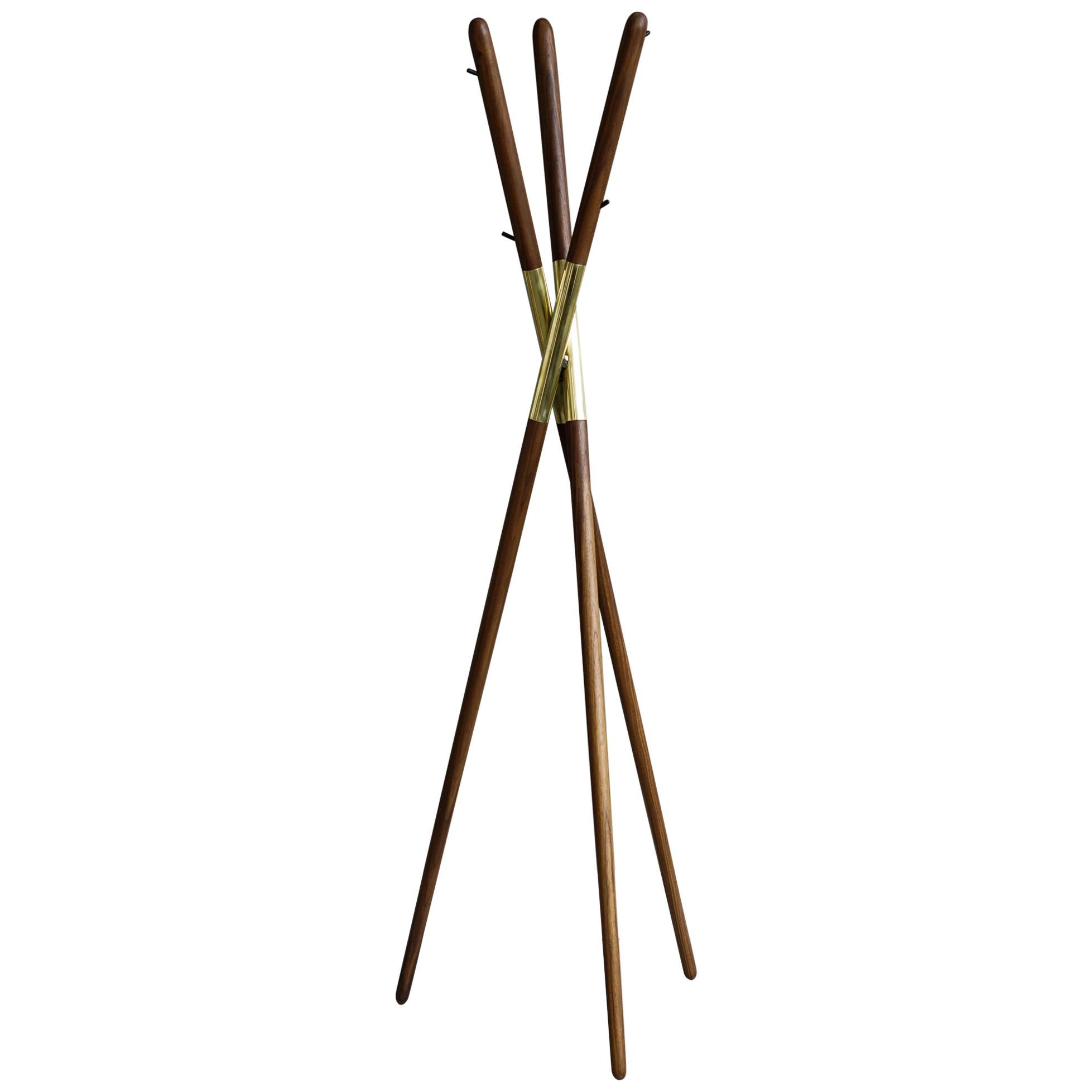 Modern Hashi Coat Rack in Walnut and  Polished Brass by Ordinal Indicator  For Sale