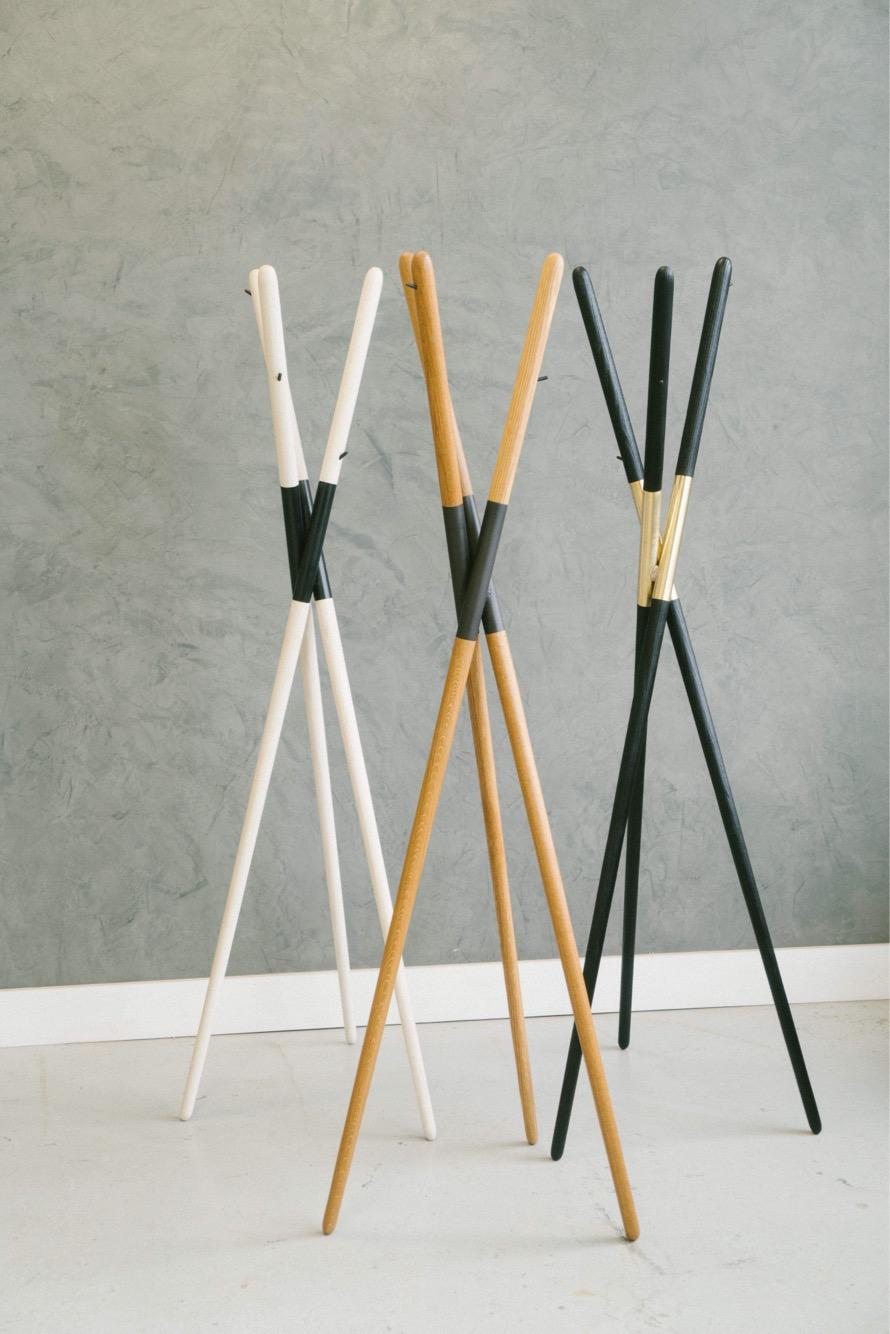 American Modern Hashi Coat Rack in White Oak and Blackened Brass by Ordinal Indicator For Sale