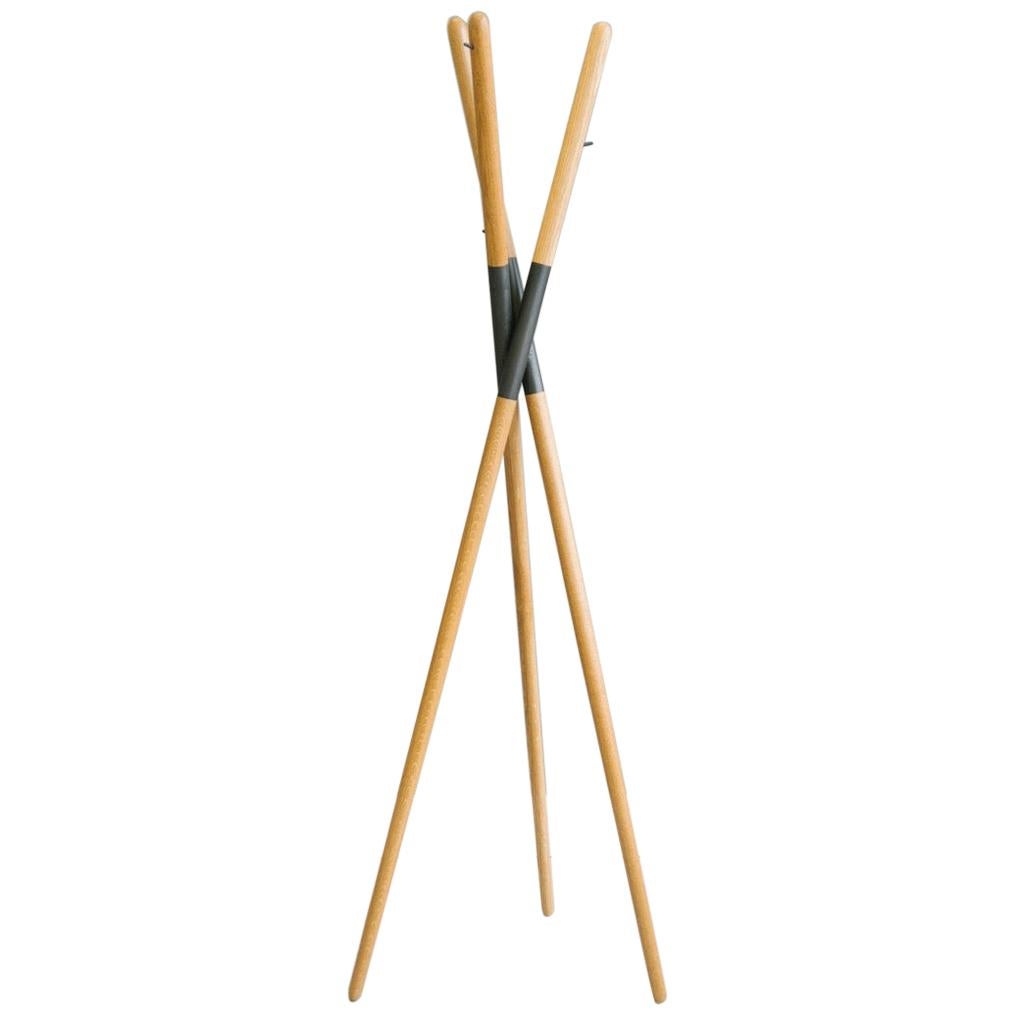 Modern Hashi Coat Rack in White Oak and Blackened Brass by Ordinal Indicator For Sale