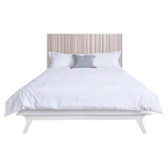 Modern Headboard with Oak and Lacquered Wood Strips in Calming Shades of Beige