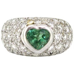 Modern Heart Shape Emerald and Diamonds Pave Ring, 18 Karat White Gold, France