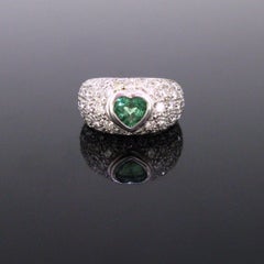 Modern Heart Shape Emerald and Diamonds Pave Ring, 18 Karat White Gold, France