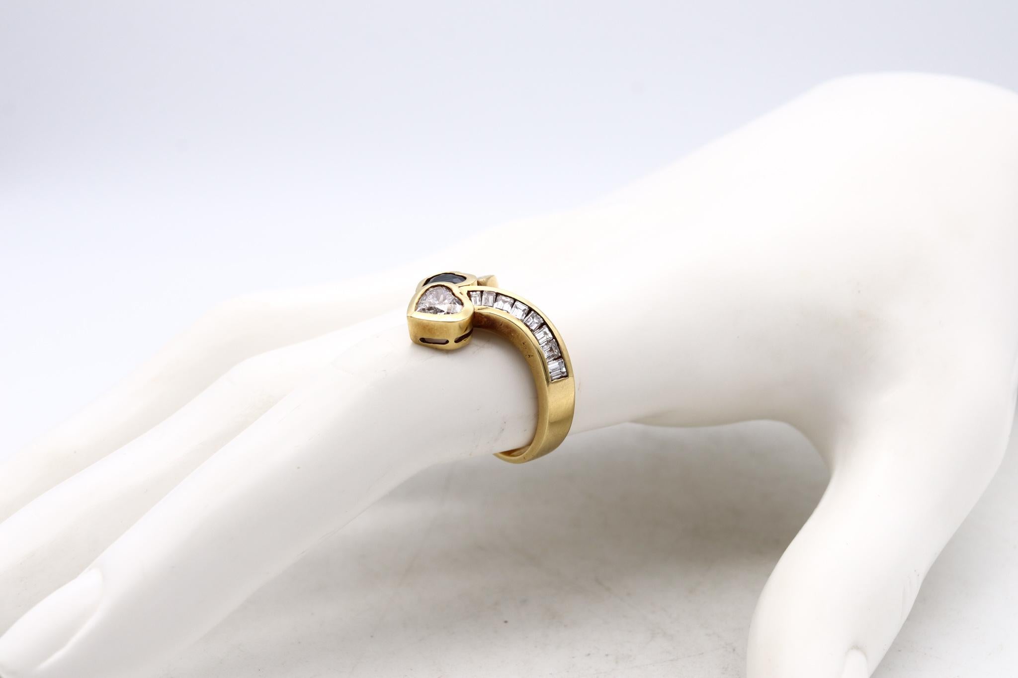 Modernist Modern Hearts Toi Et Moi Ring in 18Kt Gold with 2.59 Ctw Diamonds and Sapphire For Sale