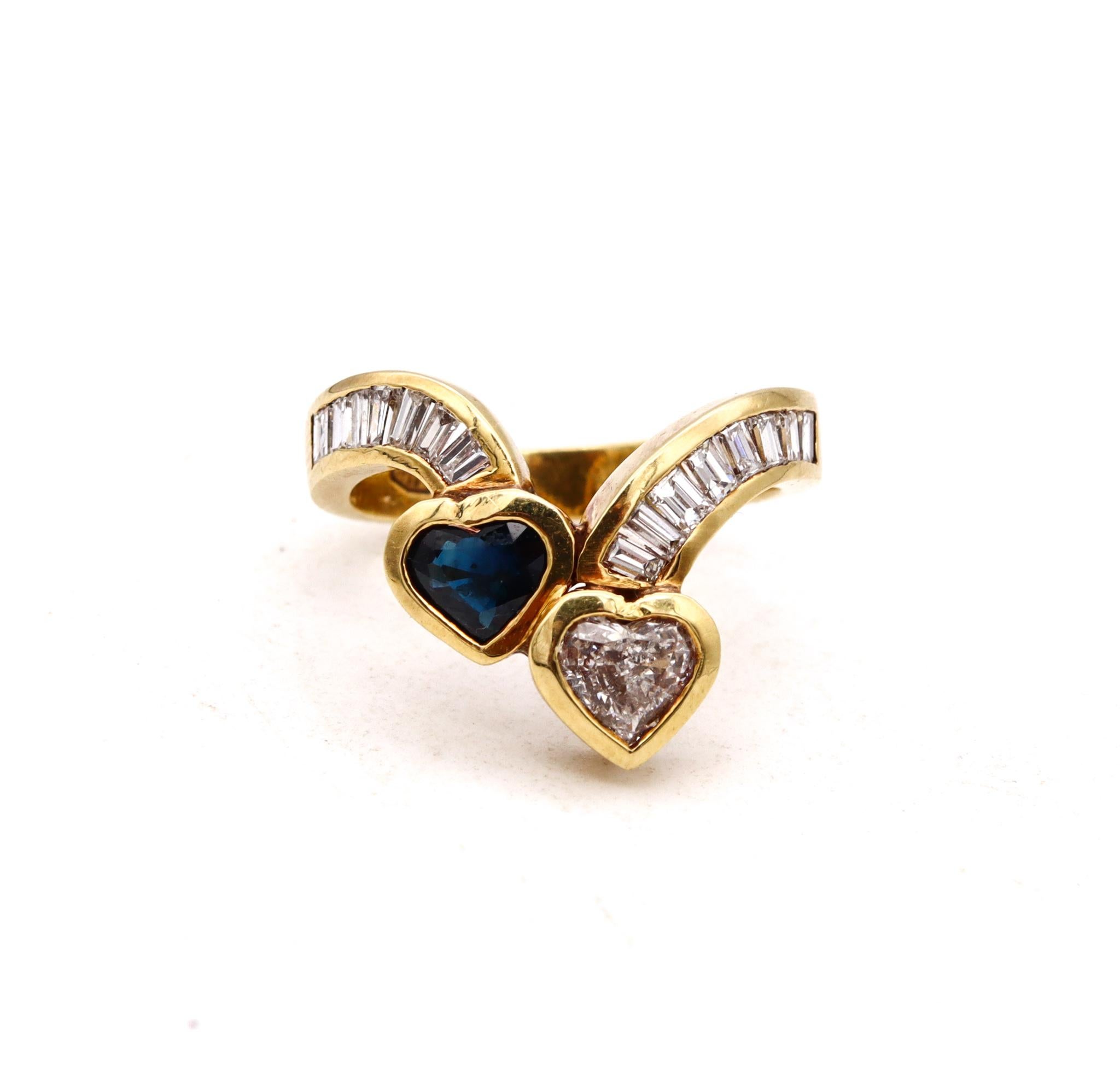 Modern Hearts Toi Et Moi Ring in 18Kt Gold with 2.59 Ctw Diamonds and Sapphire For Sale 2