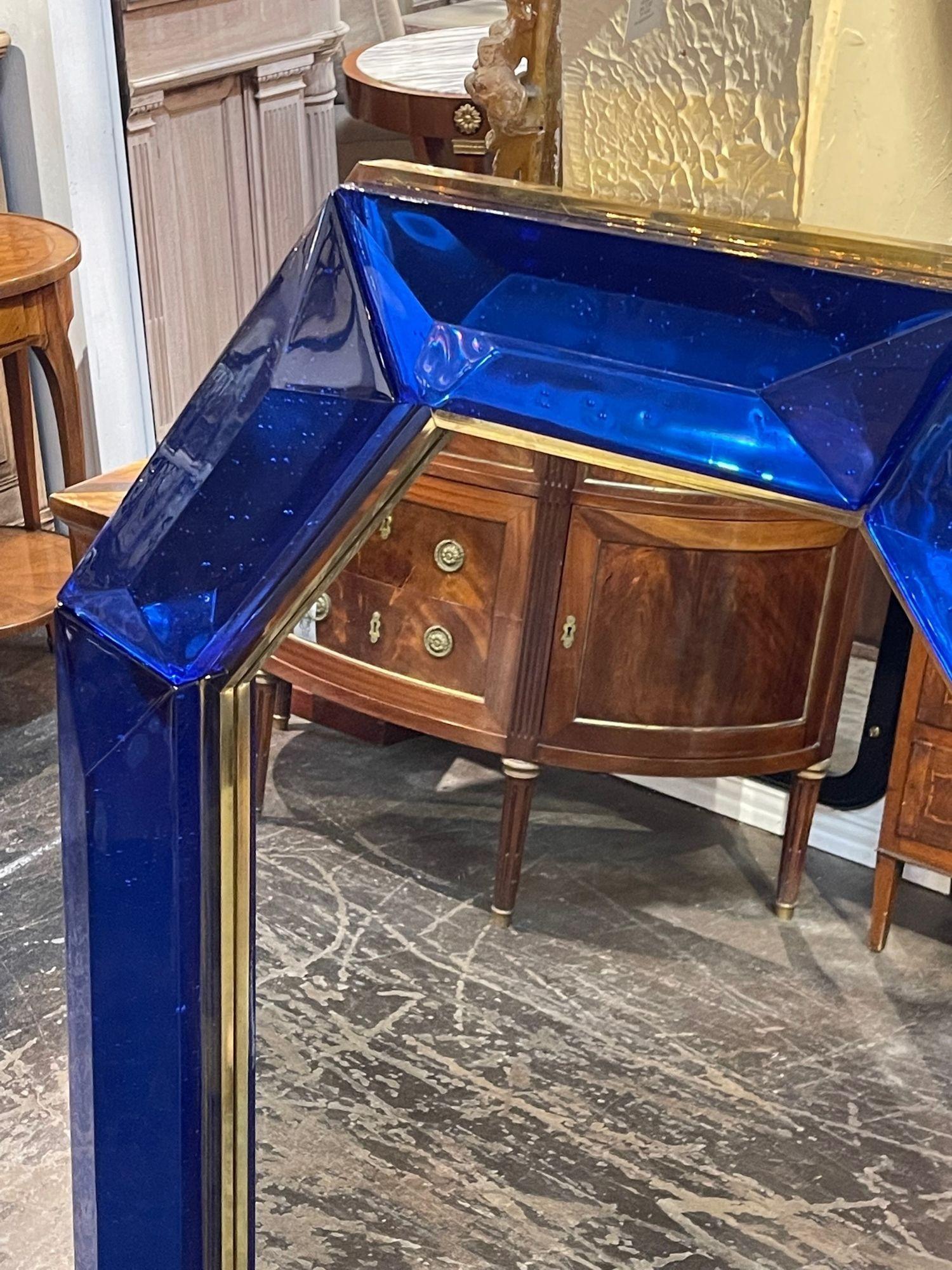 Italian Modern Heavy Cobalt Blue Murano Glass and Brass Octagonal Mirror