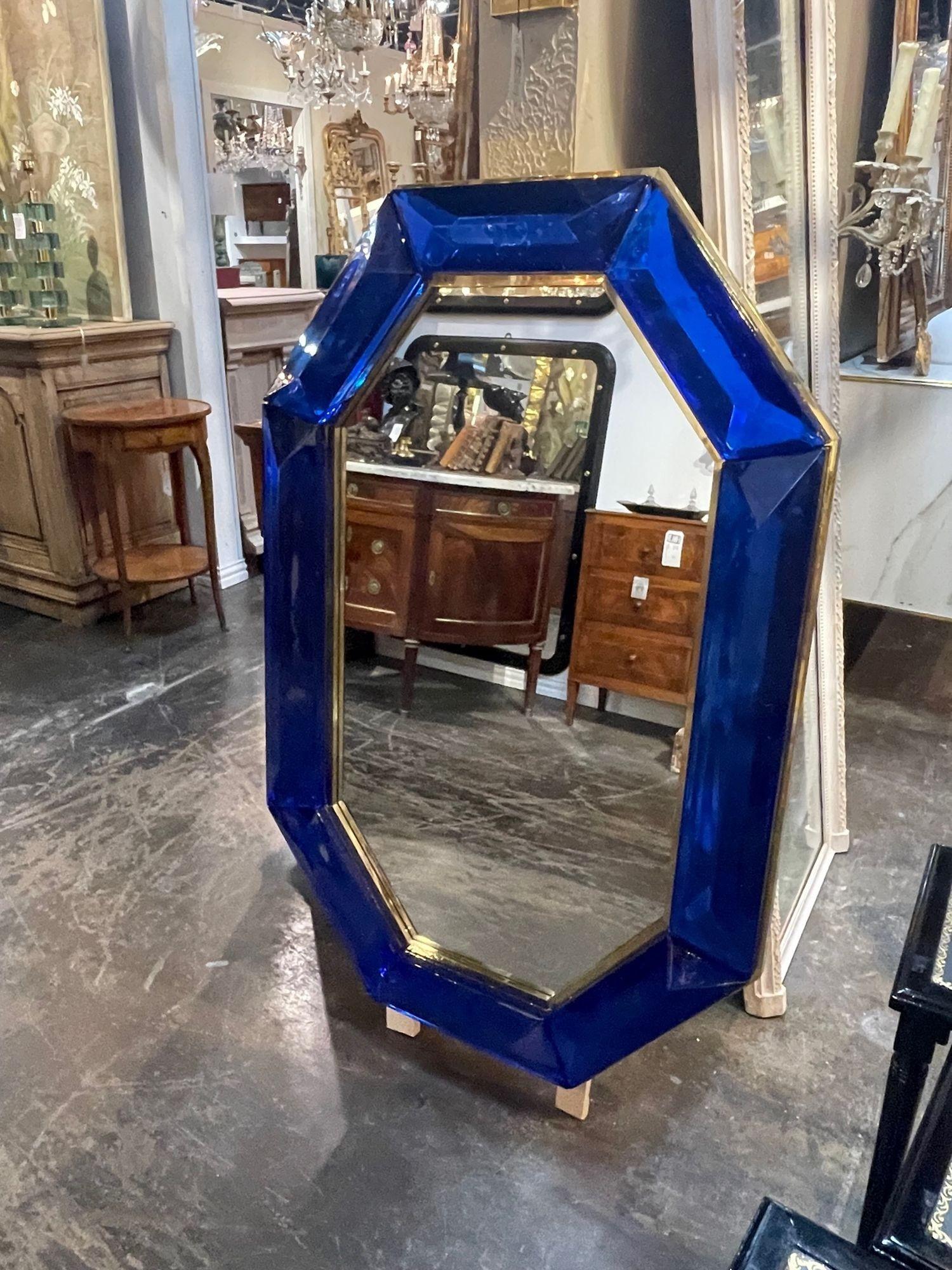 Modern Heavy Cobalt Blue Murano Glass and Brass Octagonal Mirror In Good Condition In Dallas, TX