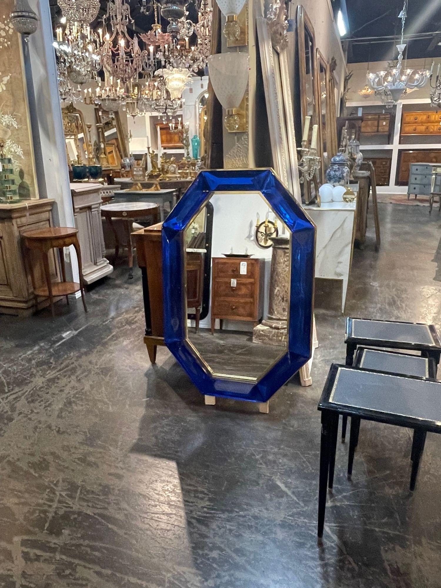 Contemporary Modern Heavy Cobalt Blue Murano Glass and Brass Octagonal Mirror