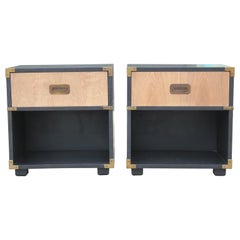 Vintage Modern Henredon Campaign Two-Toned Bleached Nightstands with Brass Accents