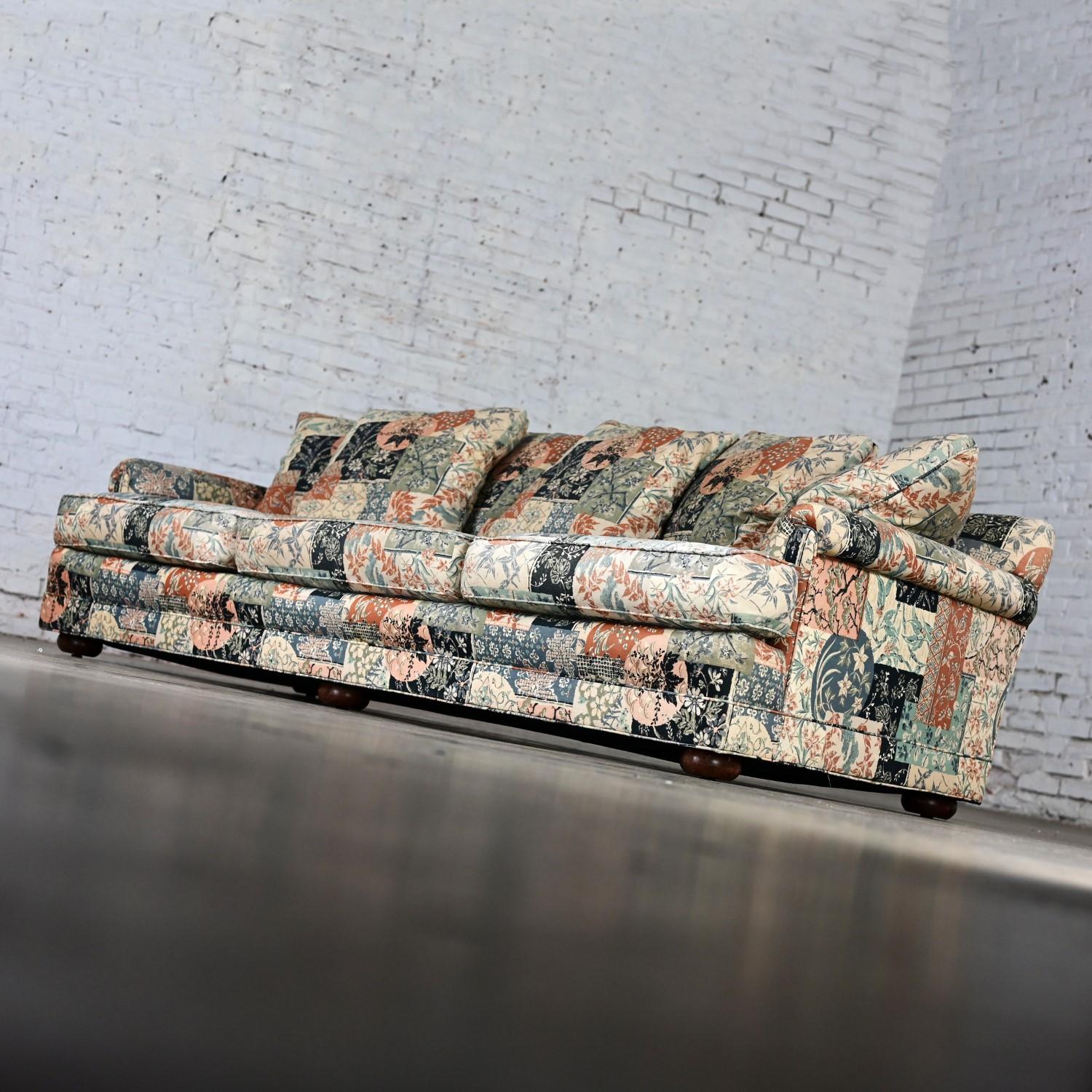 Modern Henredon Sofa with Down Pillow Back Cushions & Floral Patchwork Fabric 5