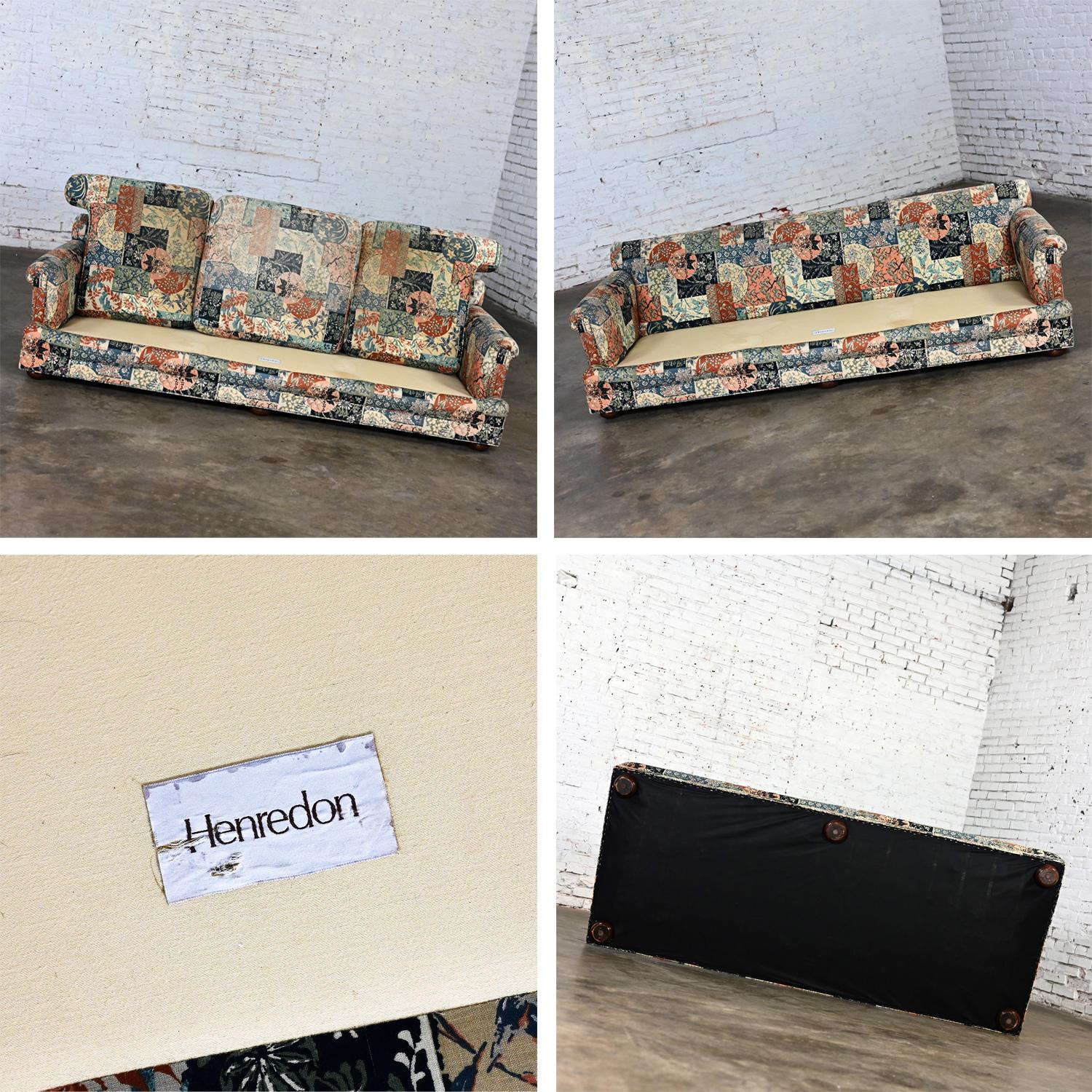 Modern Henredon Sofa with Down Pillow Back Cushions & Floral Patchwork Fabric 9