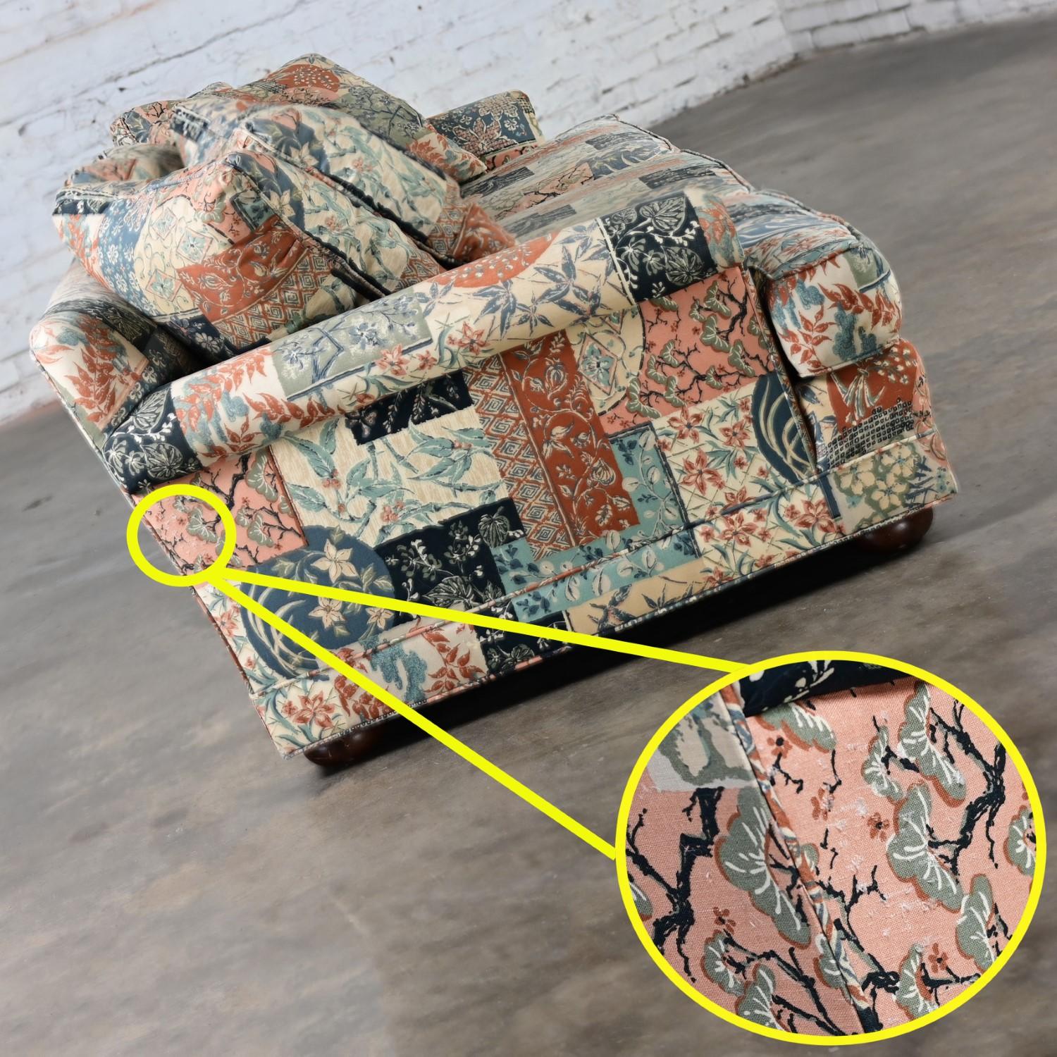 Modern Henredon Sofa with Down Pillow Back Cushions & Floral Patchwork Fabric 11