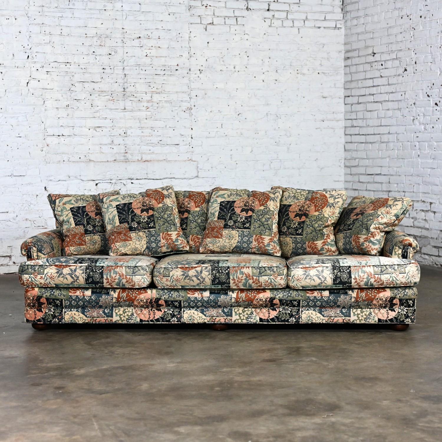 Modern Henredon Sofa with Down Pillow Back Cushions & Floral Patchwork Fabric 12