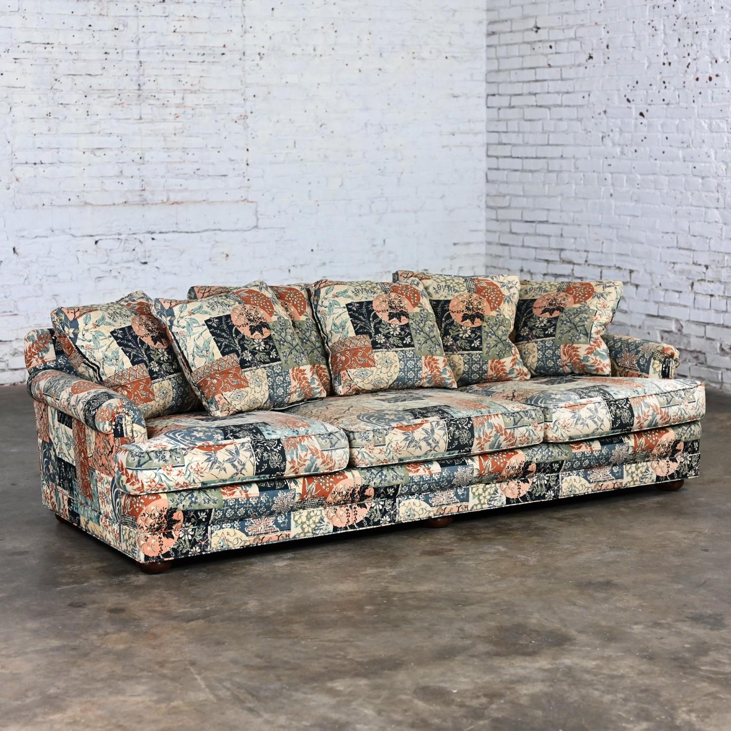 Modern Henredon Sofa with Down Pillow Back Cushions & Floral Patchwork Fabric 13