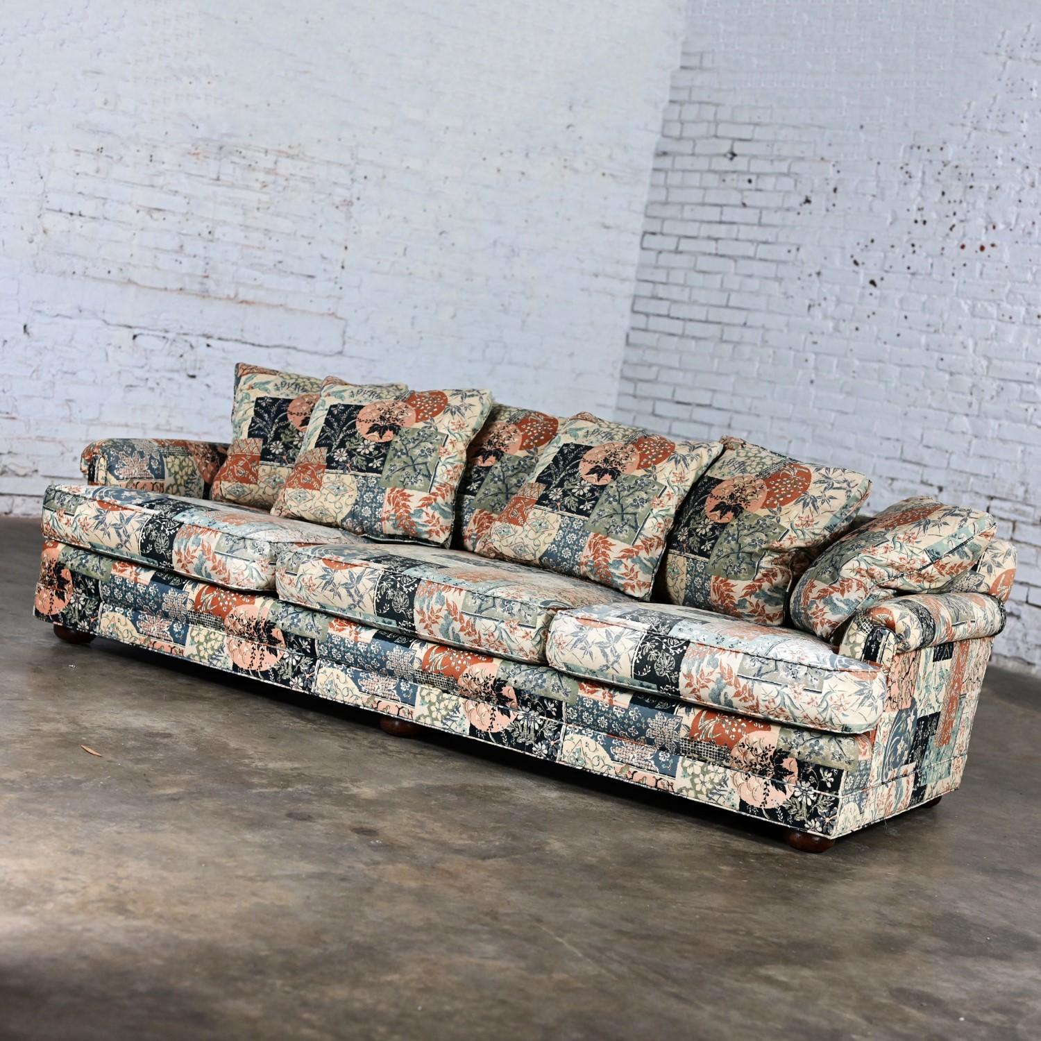 20th Century Modern Henredon Sofa with Down Pillow Back Cushions & Floral Patchwork Fabric