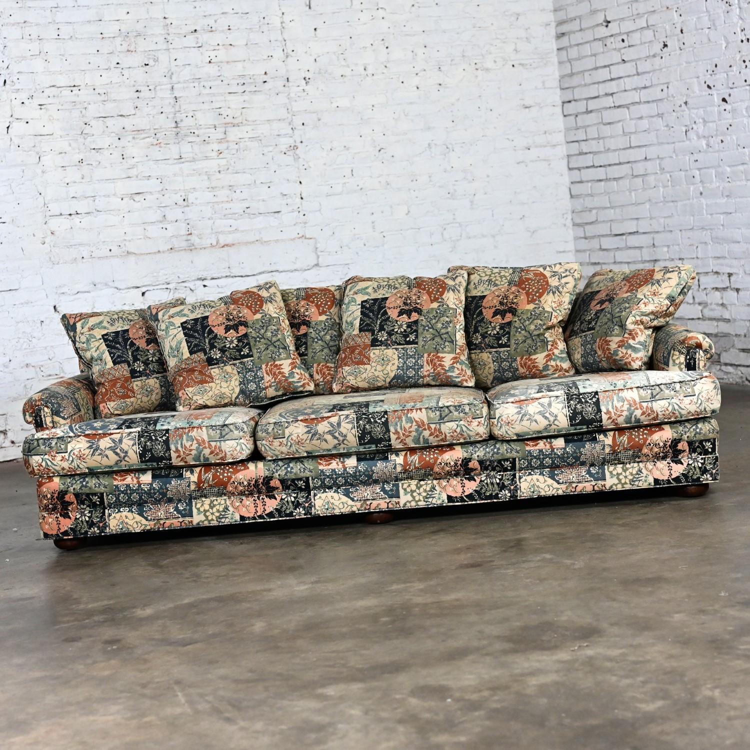 Modern Henredon Sofa with Down Pillow Back Cushions & Floral Patchwork Fabric 2