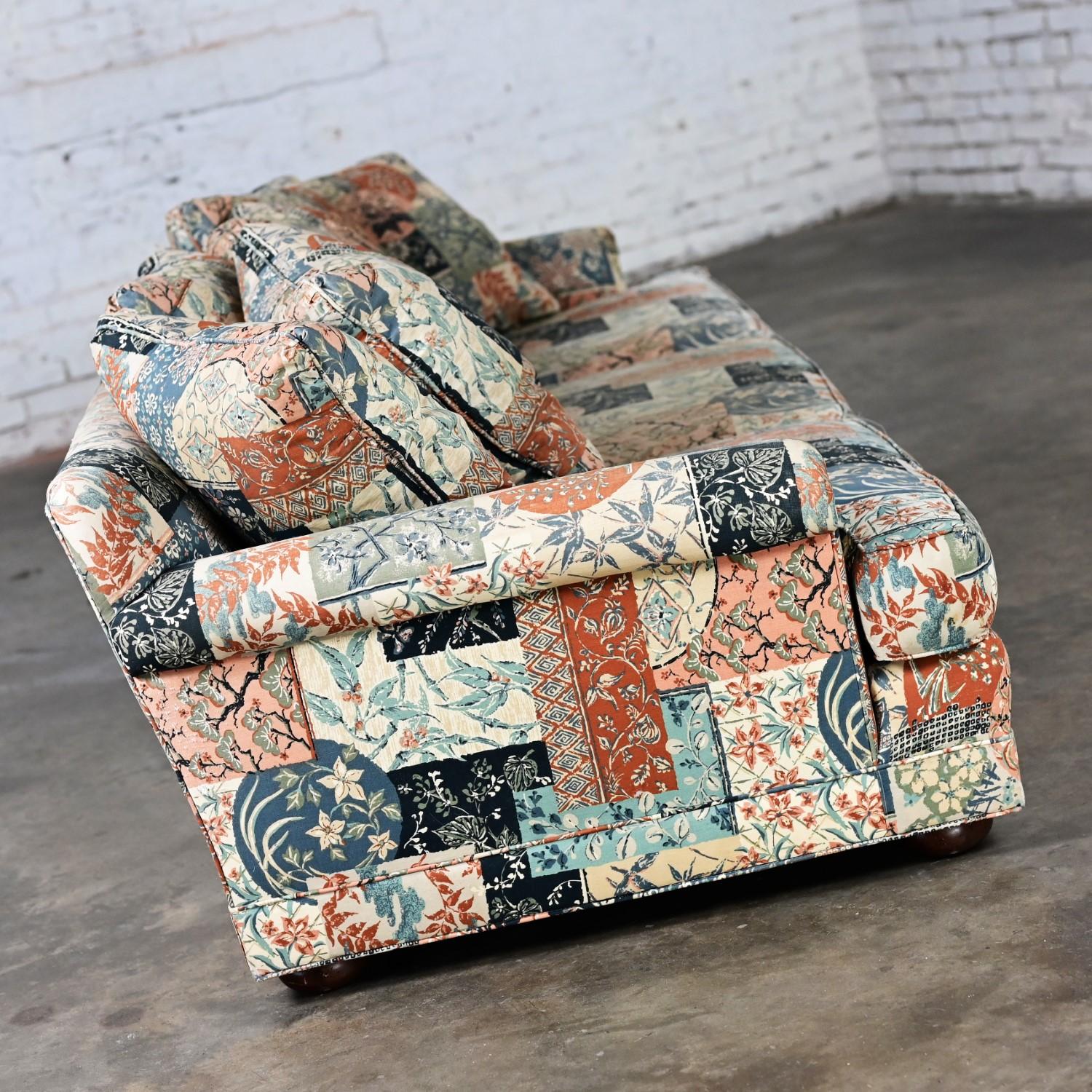 Modern Henredon Sofa with Down Pillow Back Cushions & Floral Patchwork Fabric 4
