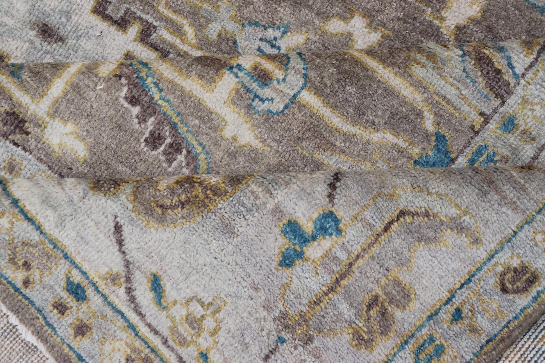 Modern Heriz Geometric Rug in Earthy Browns and Soft Blues  9'0 x 10'6 For Sale 2