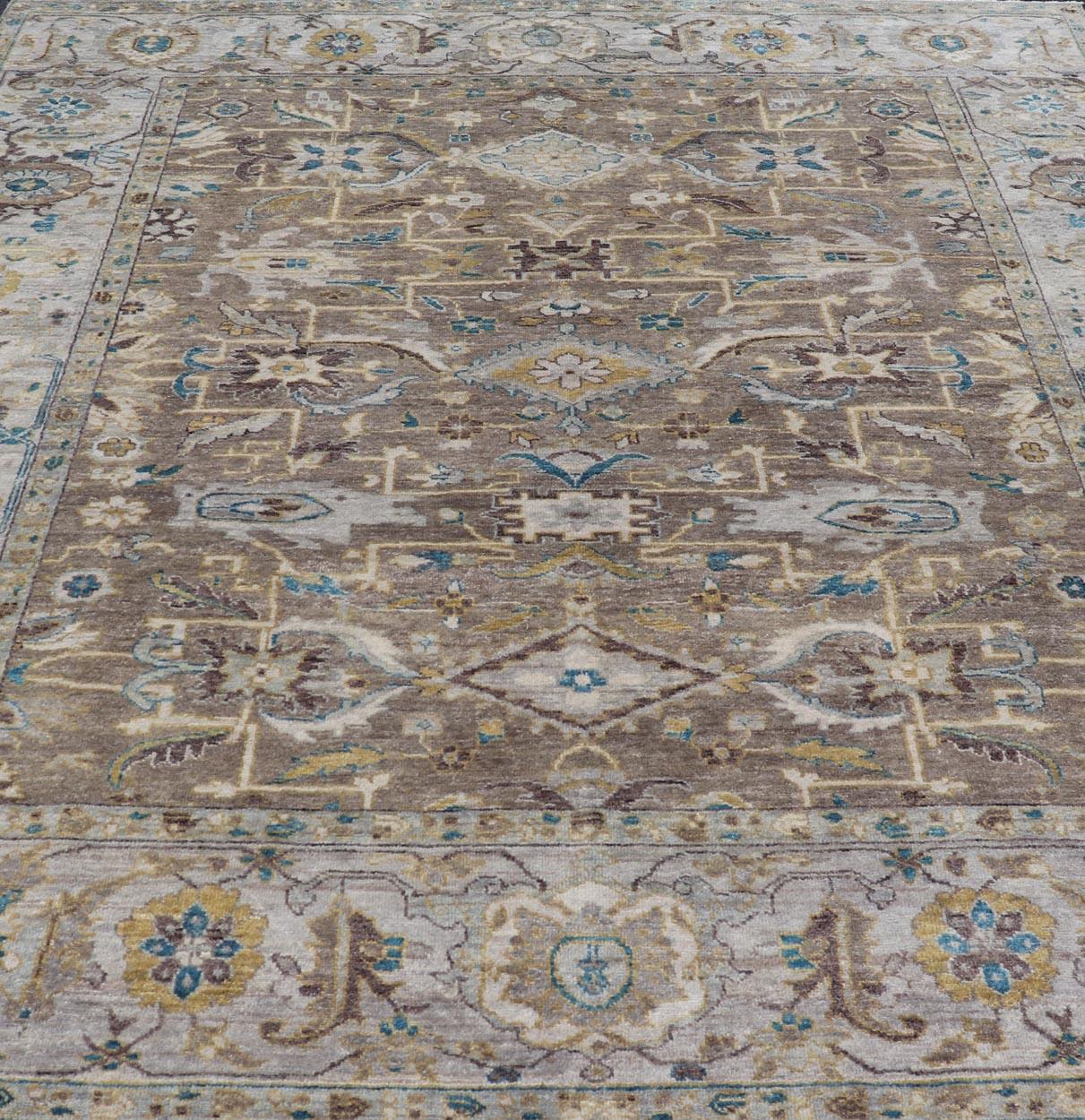Modern Heriz Geometric Rug in Earthy Browns and Soft Blues  9'0 x 10'6 For Sale 3