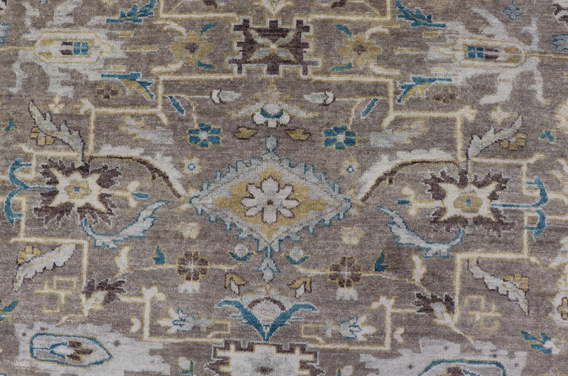 Indian Modern Heriz Geometric Rug in Earthy Browns and Soft Blues  9'0 x 10'6 For Sale