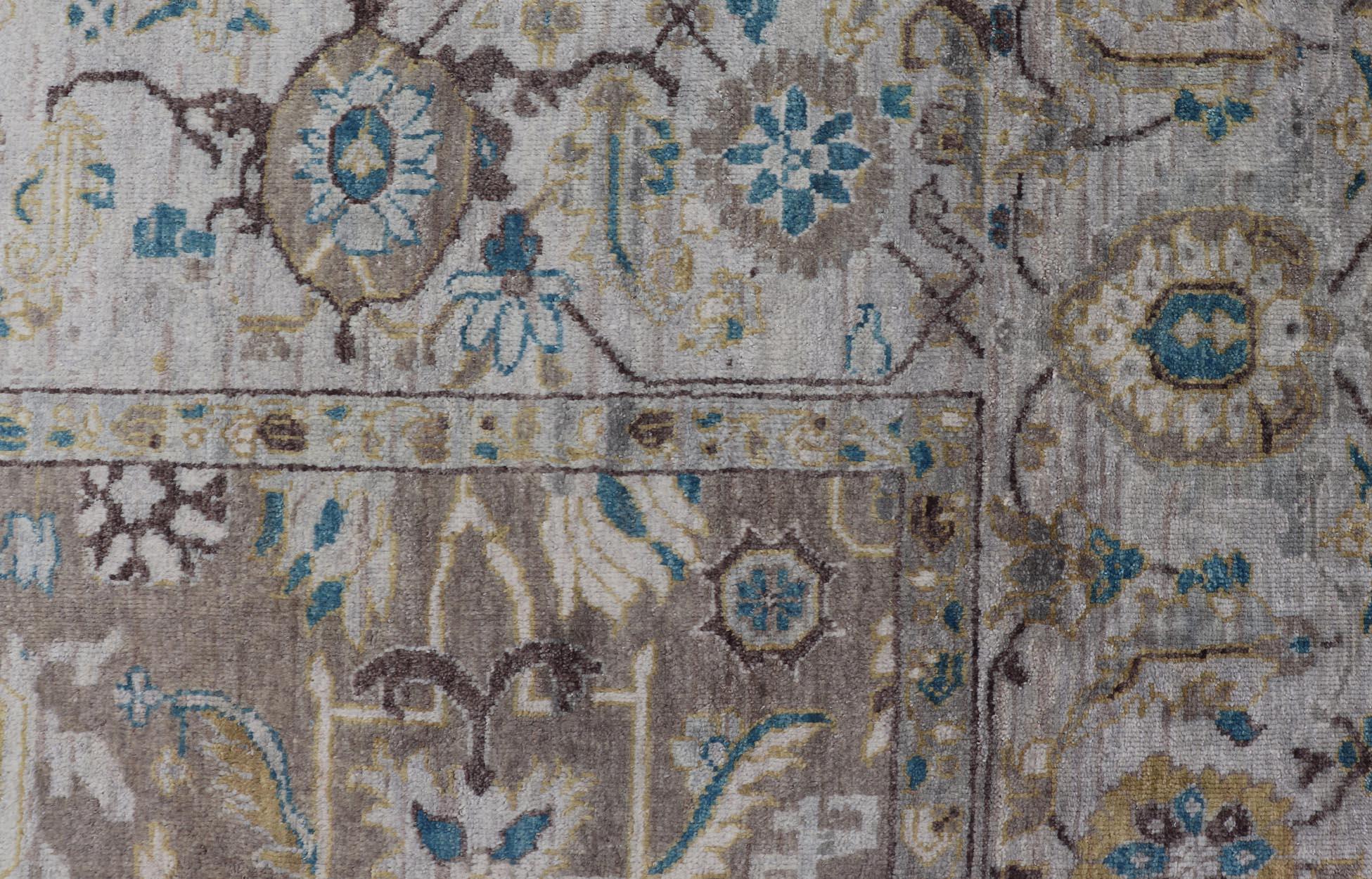 Hand-Knotted Modern Heriz Geometric Rug in Earthy Browns and Soft Blues  9'0 x 10'6 For Sale