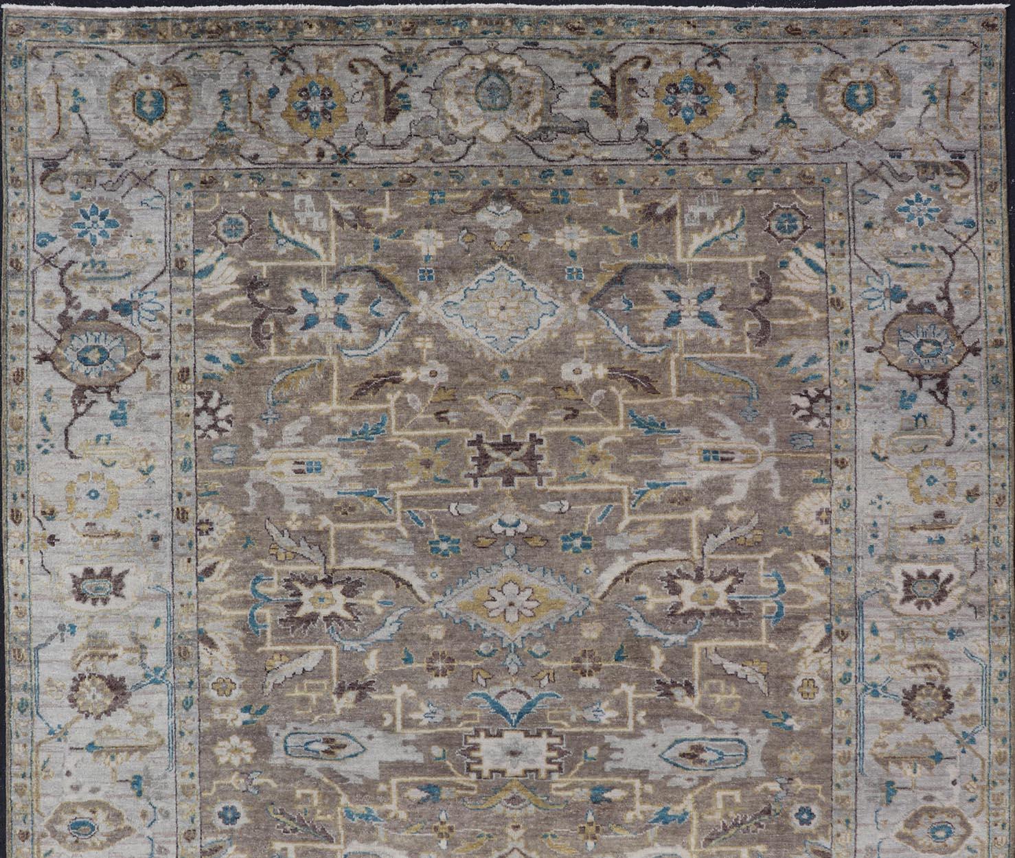 Modern Heriz Geometric Rug in Earthy Browns and Soft Blues  9'0 x 10'6 In Excellent Condition For Sale In Atlanta, GA