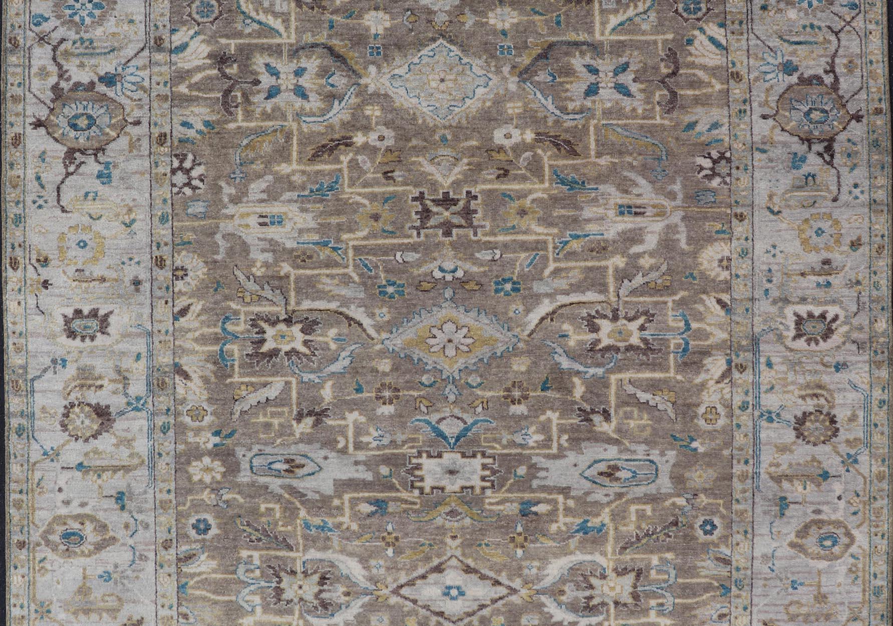 Contemporary Modern Heriz Geometric Rug in Earthy Browns and Soft Blues  9'0 x 10'6 For Sale