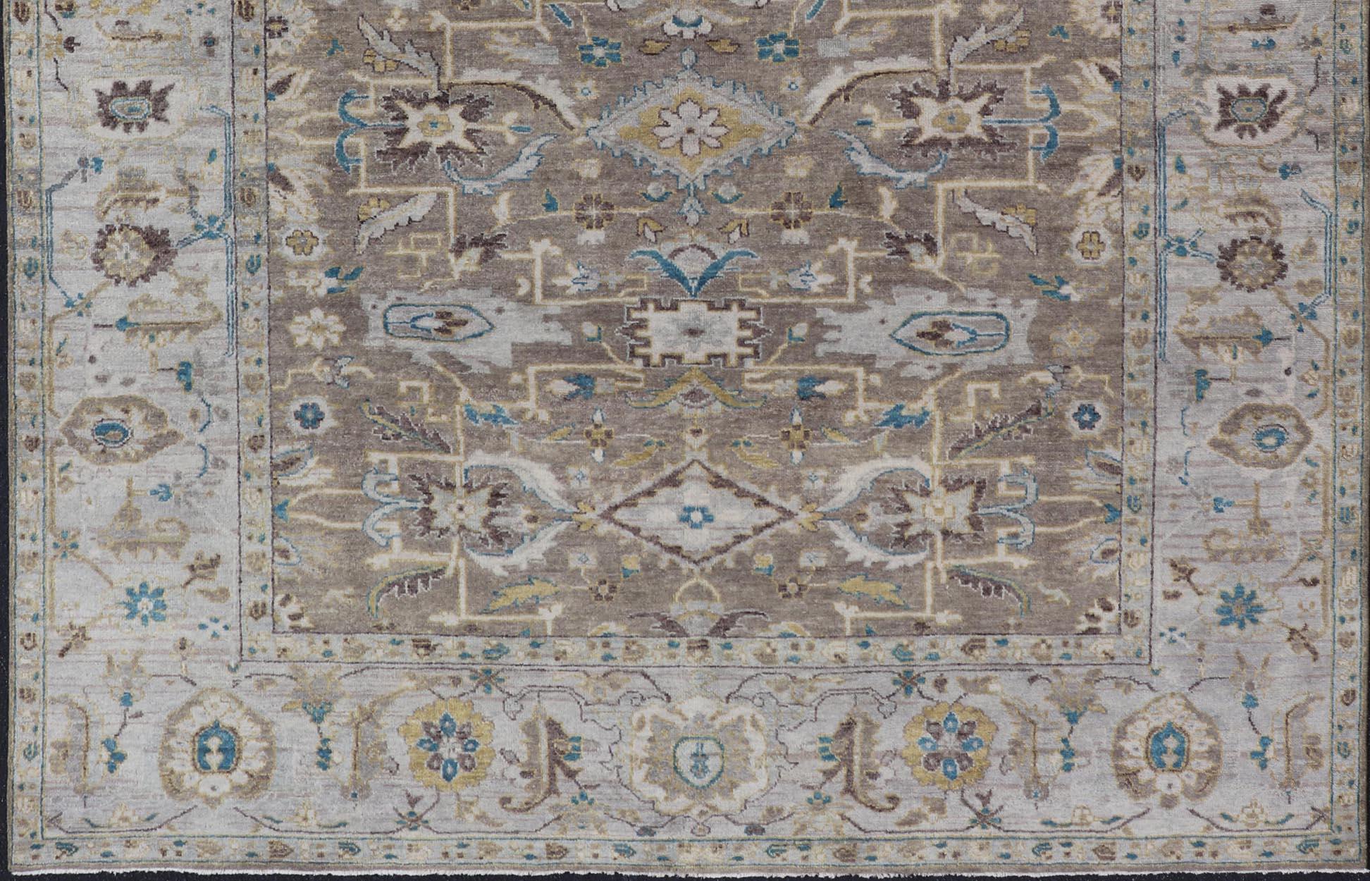 Wool Modern Heriz Geometric Rug in Earthy Browns and Soft Blues  9'0 x 10'6 For Sale