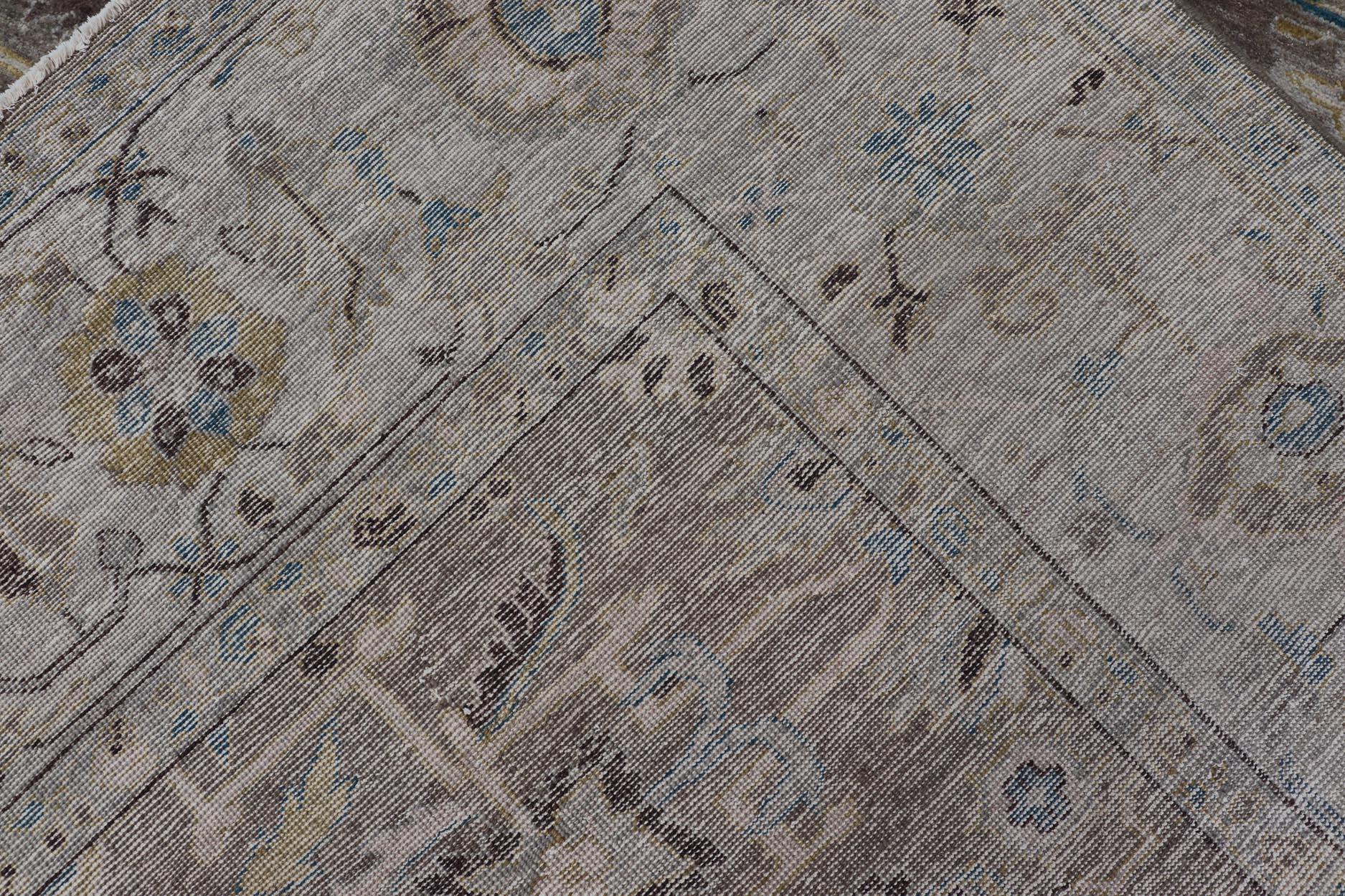 Modern Heriz Geometric Rug in Earthy Browns and Soft Blues  9'0 x 10'6 For Sale 1