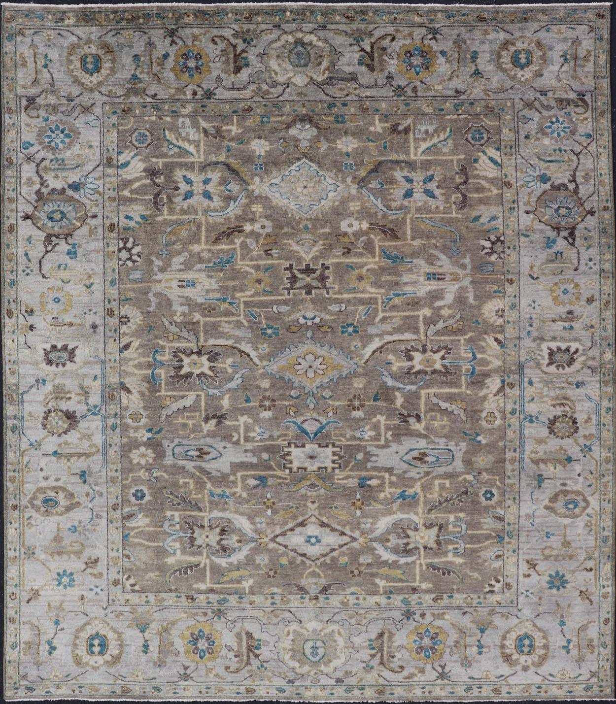 Modern Heriz Geometric Rug in Earthy Browns and Soft Blues  9'0 x 10'6 For Sale