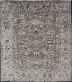 Moderner geometrischer Heriz-Teppich in Erdbraun und weichem Blau  9'0 x 10'6