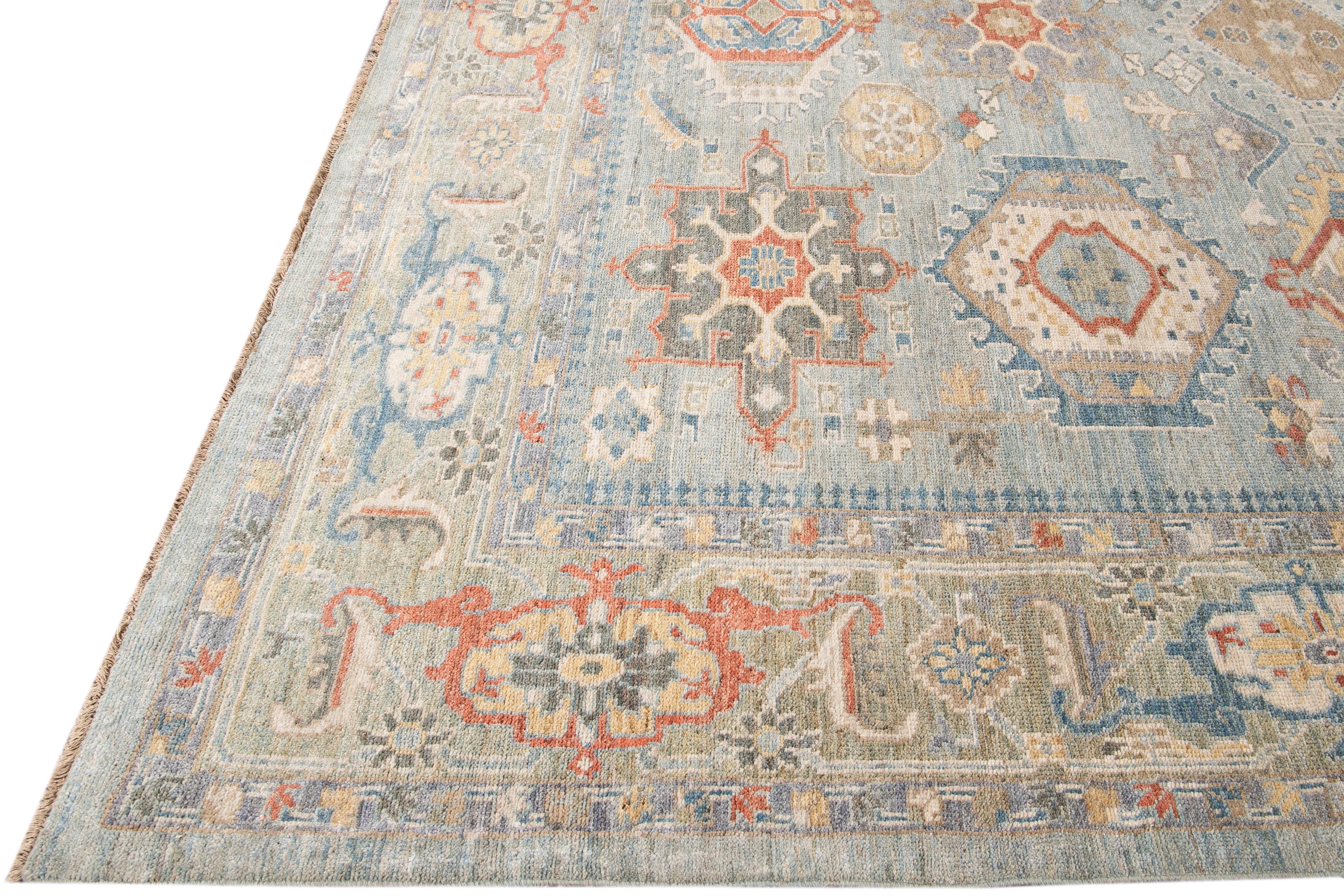 Persian Modern Heriz Style Blue and Green Handmade Geometric Floral Wool Rug For Sale