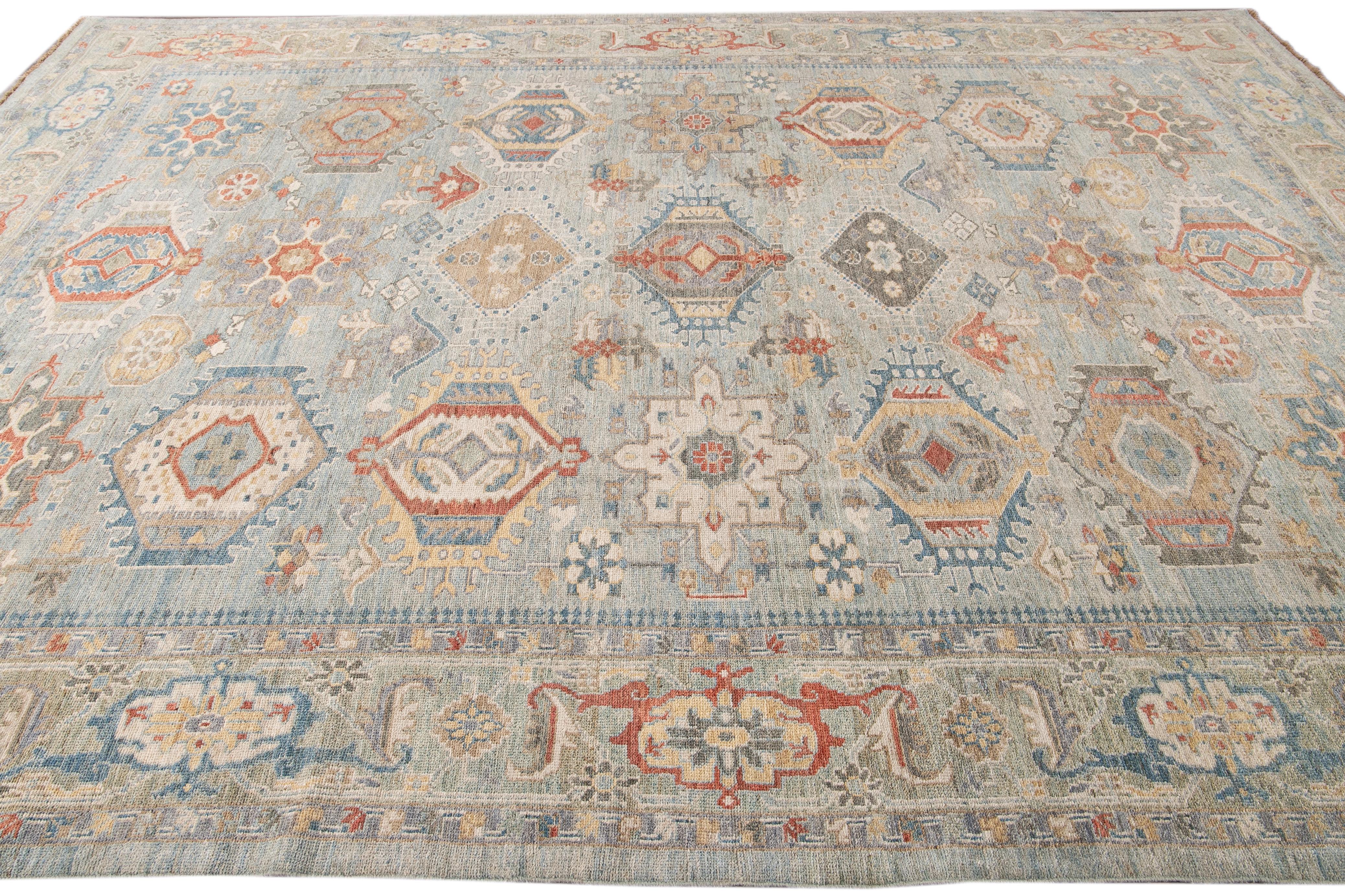 Modern Heriz Style Blue and Green Handmade Geometric Floral Wool Rug In New Condition For Sale In Norwalk, CT