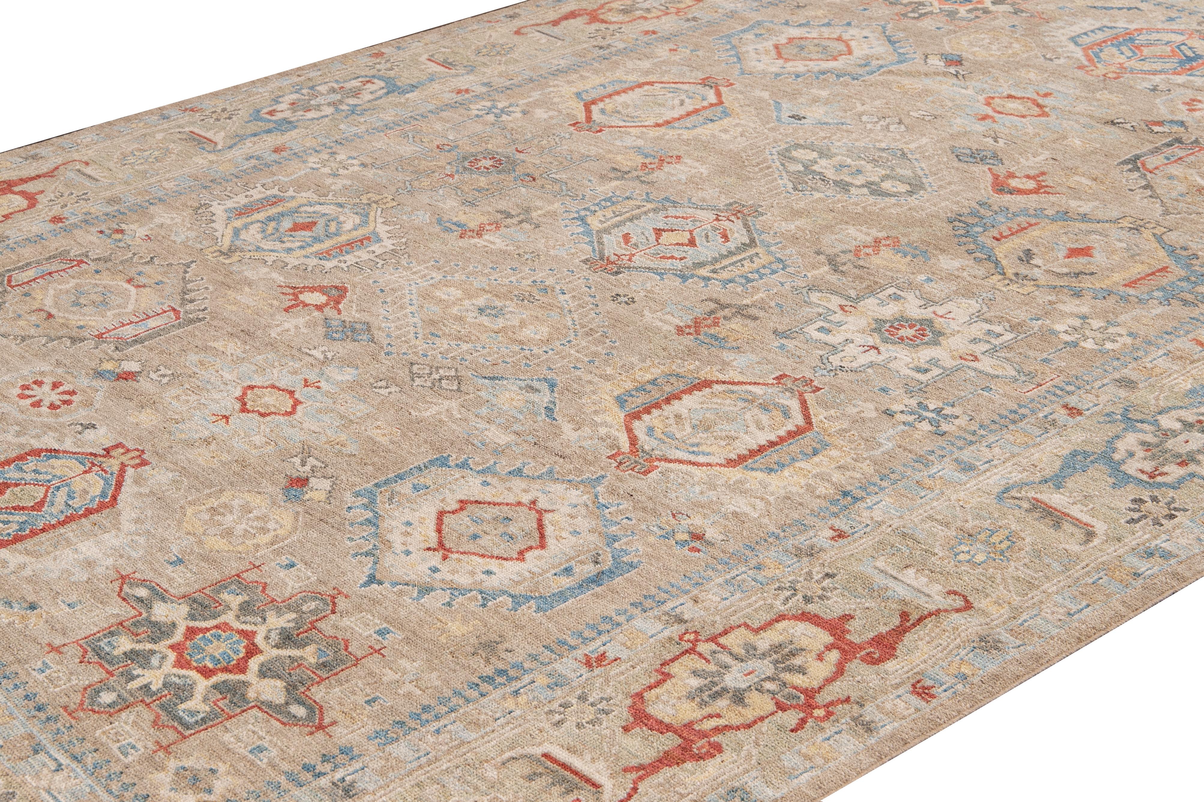 Hand-Knotted Modern Heriz Style Handmade Beige Geometric Floral Wool Rug For Sale