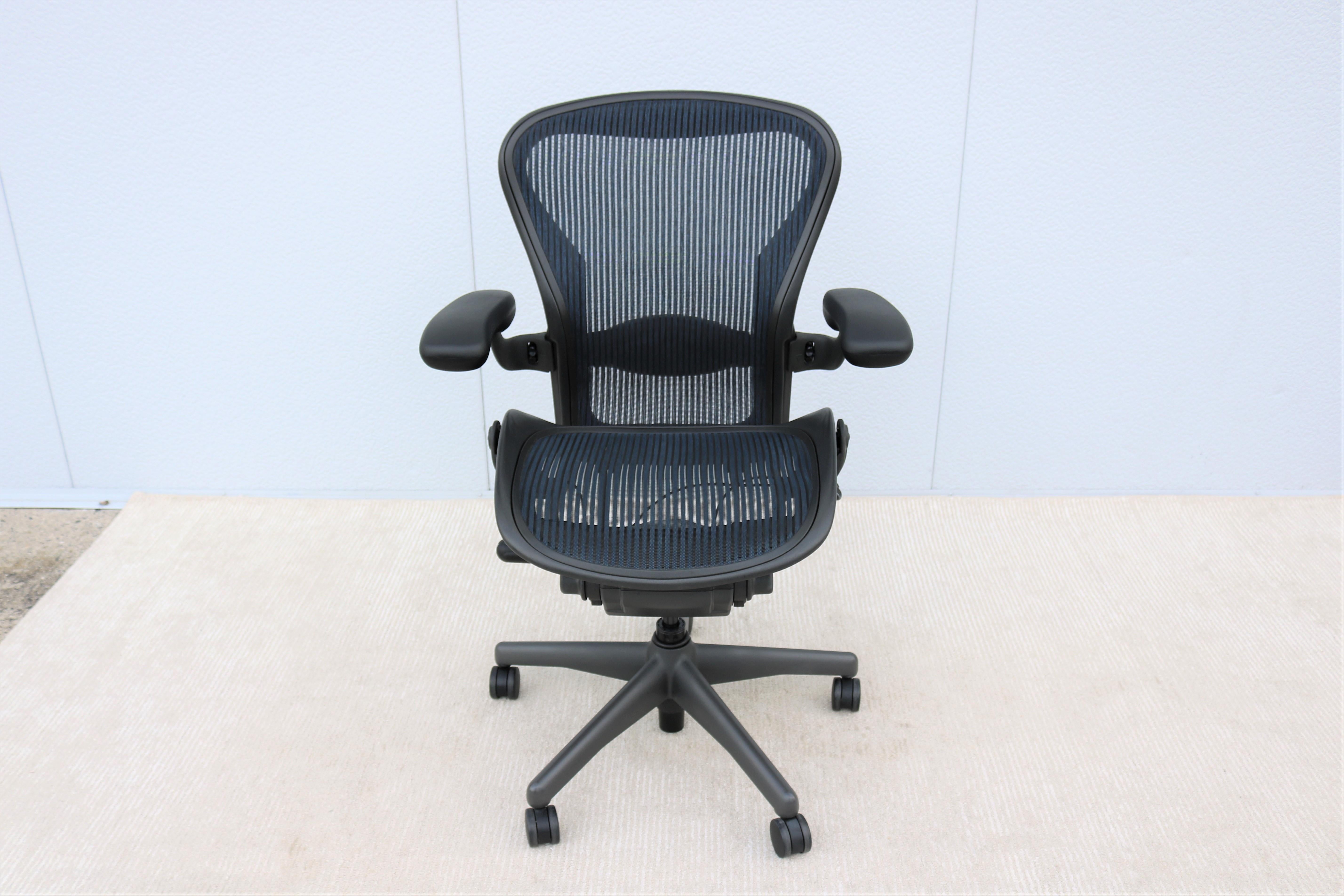 American Modern Herman Miller Aeron Chair Size B in Blue Mesh Fabric Fully Adjustable