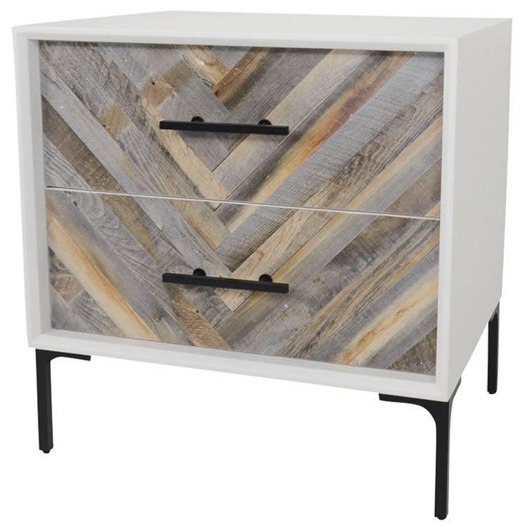 Modern Herringbone Side Table w Recycled Wood in a White Case w Black Metal  Legs For Sale at 1stDibs