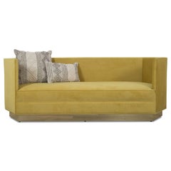 Modern Hexagon Sofa in Venice Marigold Velvet and Polished Brass Veneer Toe Kick